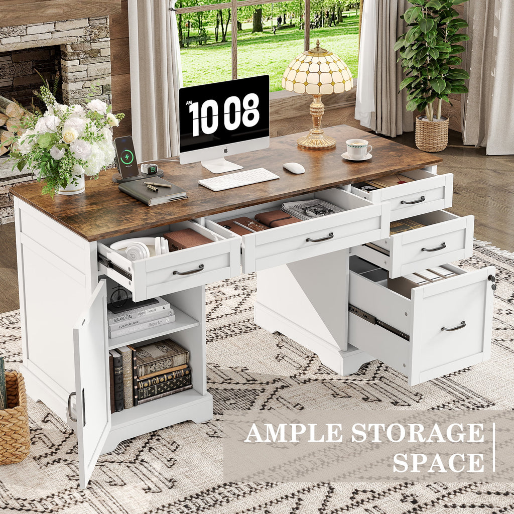 Alohappy Executive Desk with File Drawers, 55'' Farmhouse Desk Modern for Adult Home Office, White