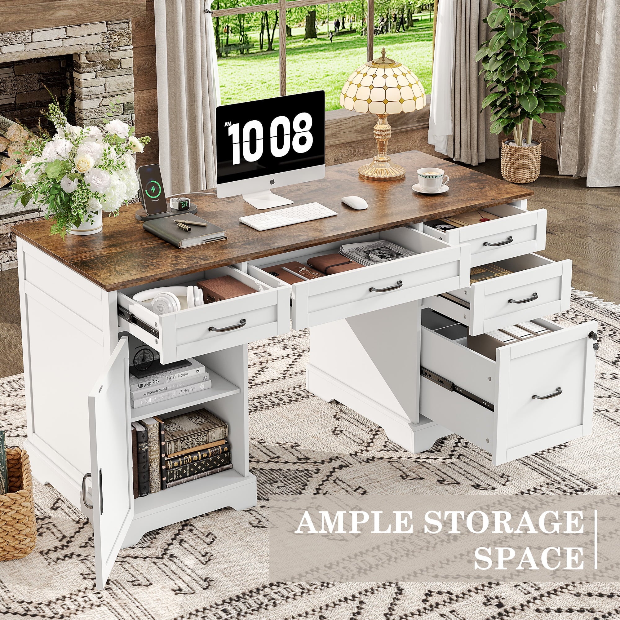 Alohappy Executive Desk with File Drawers, 55'' Farmhouse Desk Modern for Adult Home Office, White