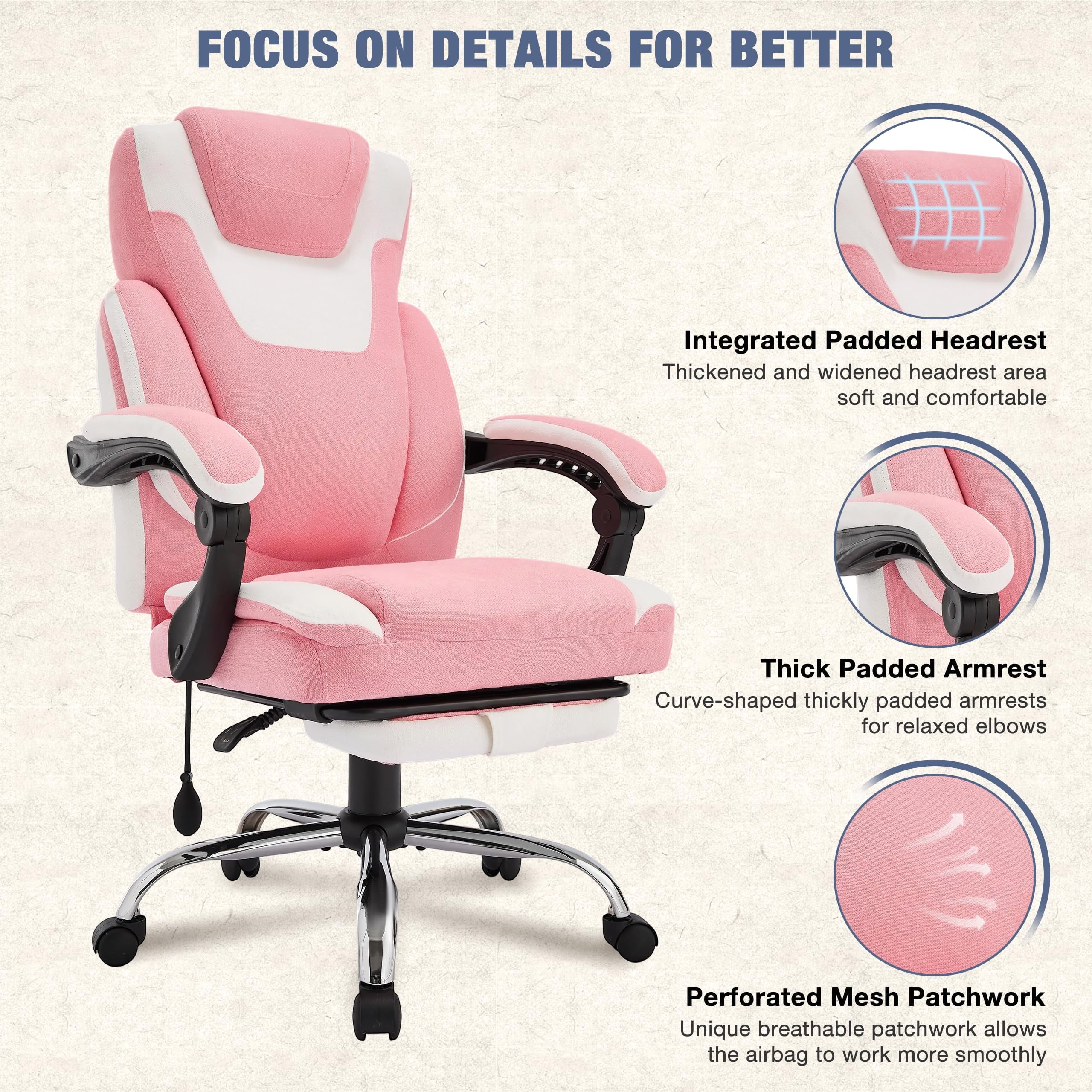 JONPONY Big and Tall Office Chair 400lbs, Executive Reclining Office Chairs with Footrest, High Back Home Office Chair Thick Padded Armrests, Ergonomic Adjustable Lumbar Support, PinkWhite