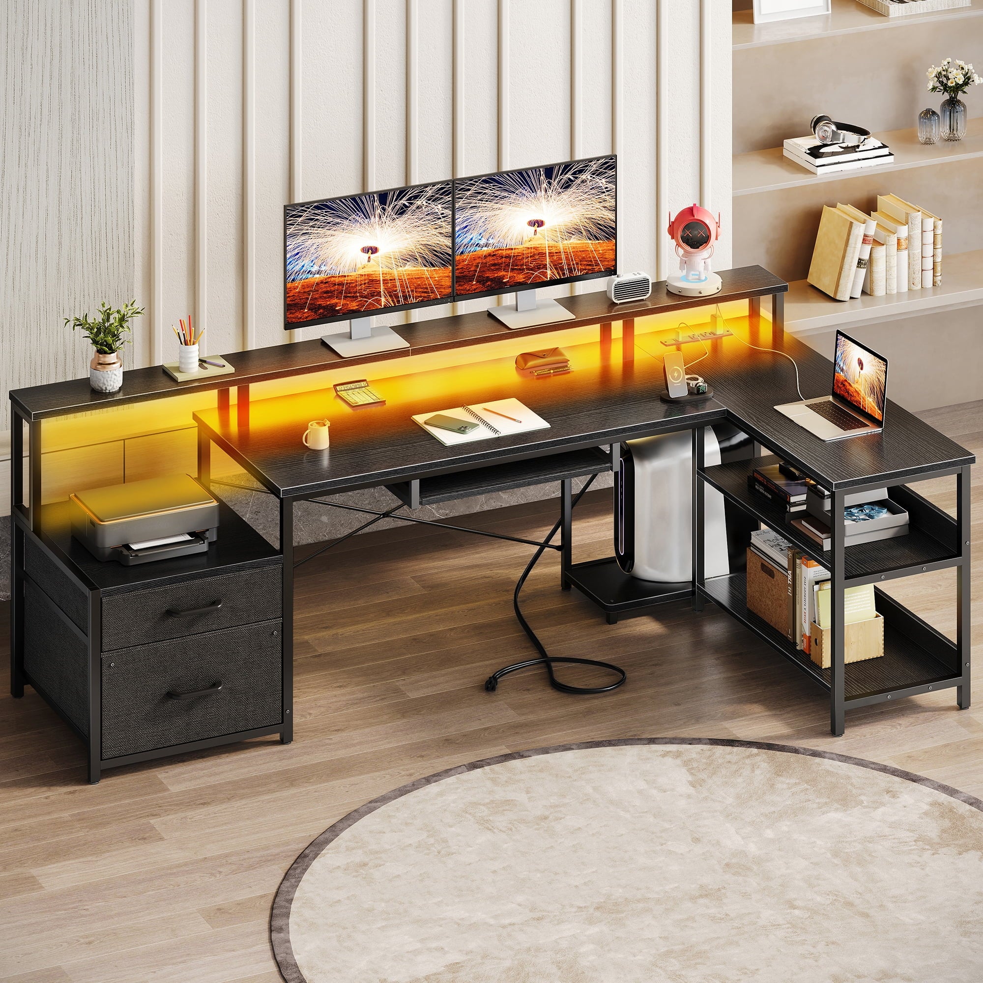 66" Reversible L Shaped Desk with File Drawer & Power Outlet, Modern Computer Desk with Keyboard Tray & LED Strip, Office Table with Storage Shelves, Gaming Desk with Monitor Shelf, Black