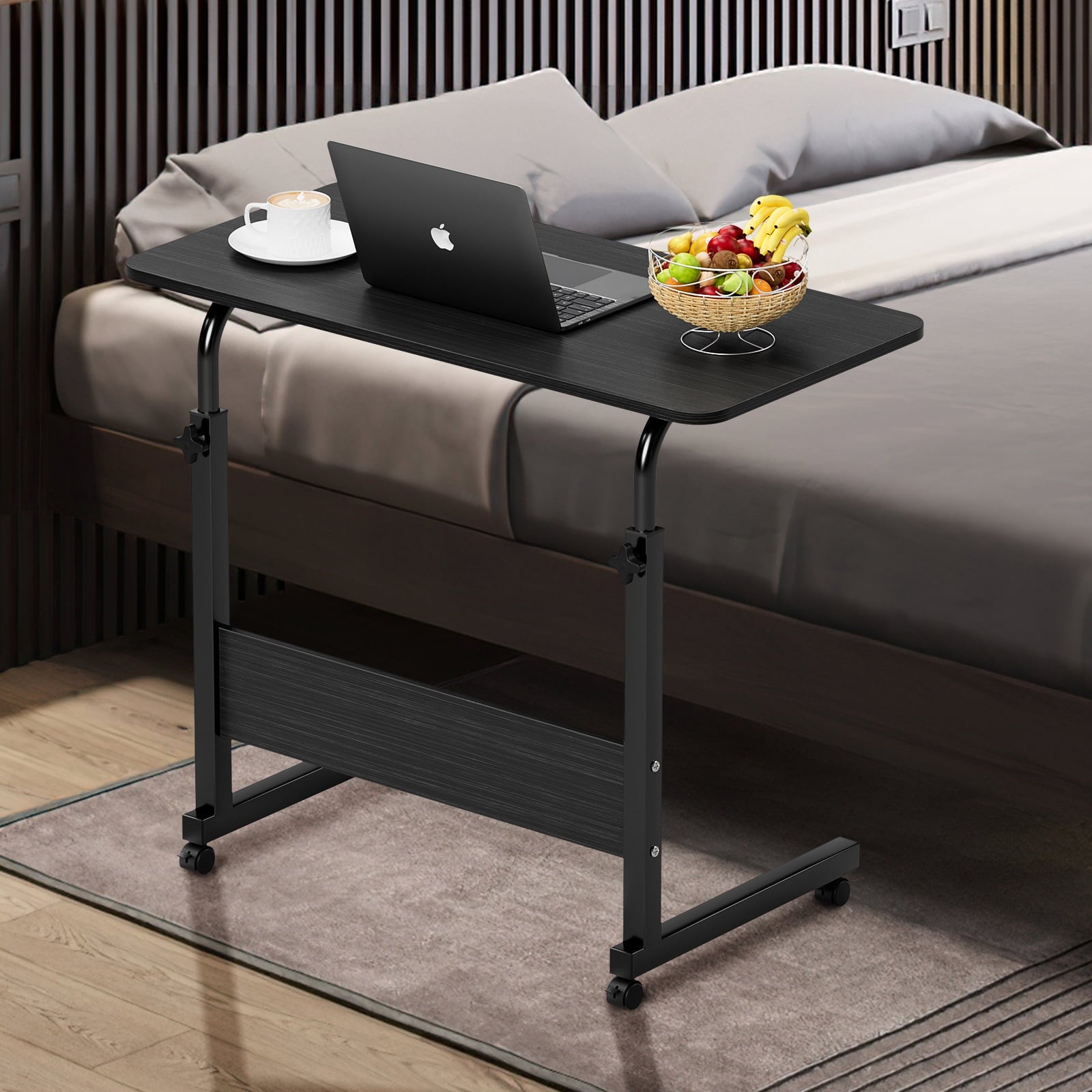 Qiushi Portable Couch Side Table Adjustable Tray Table on Wheels for Home, Office Black