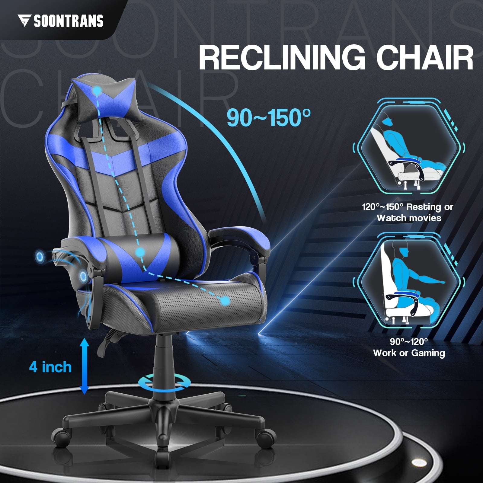Soontrans Gaming Chair with Massage, High Back Computer Gamer Chair for Adults and s, Ergonomic Game Chair with Adjustable Headrest and Lumbar Support (Blue)