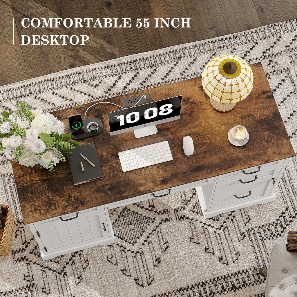 Alohappy Executive Desk with File Drawers, 55'' Farmhouse Desk Modern for Adult Home Office, White