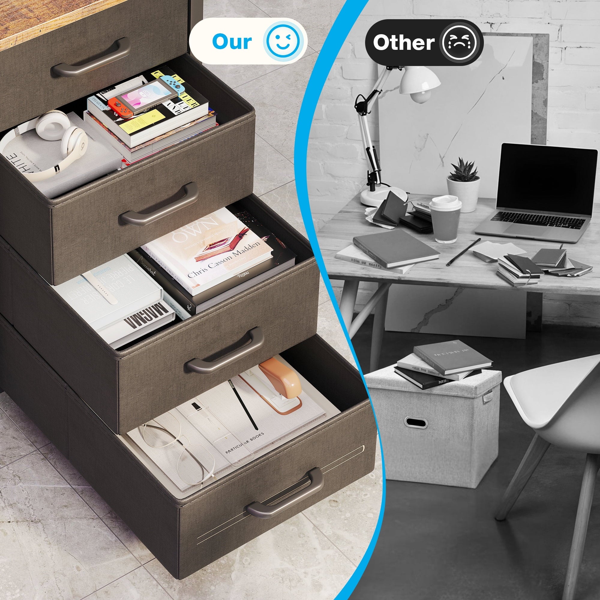 55 inch Office Desk with Power Outlet and Adjustable Monitor Stand, Computer Desk with Fabric Drawer and Keyboard Tray, Gaming Desk with LED Light & PC Stand, Vintage