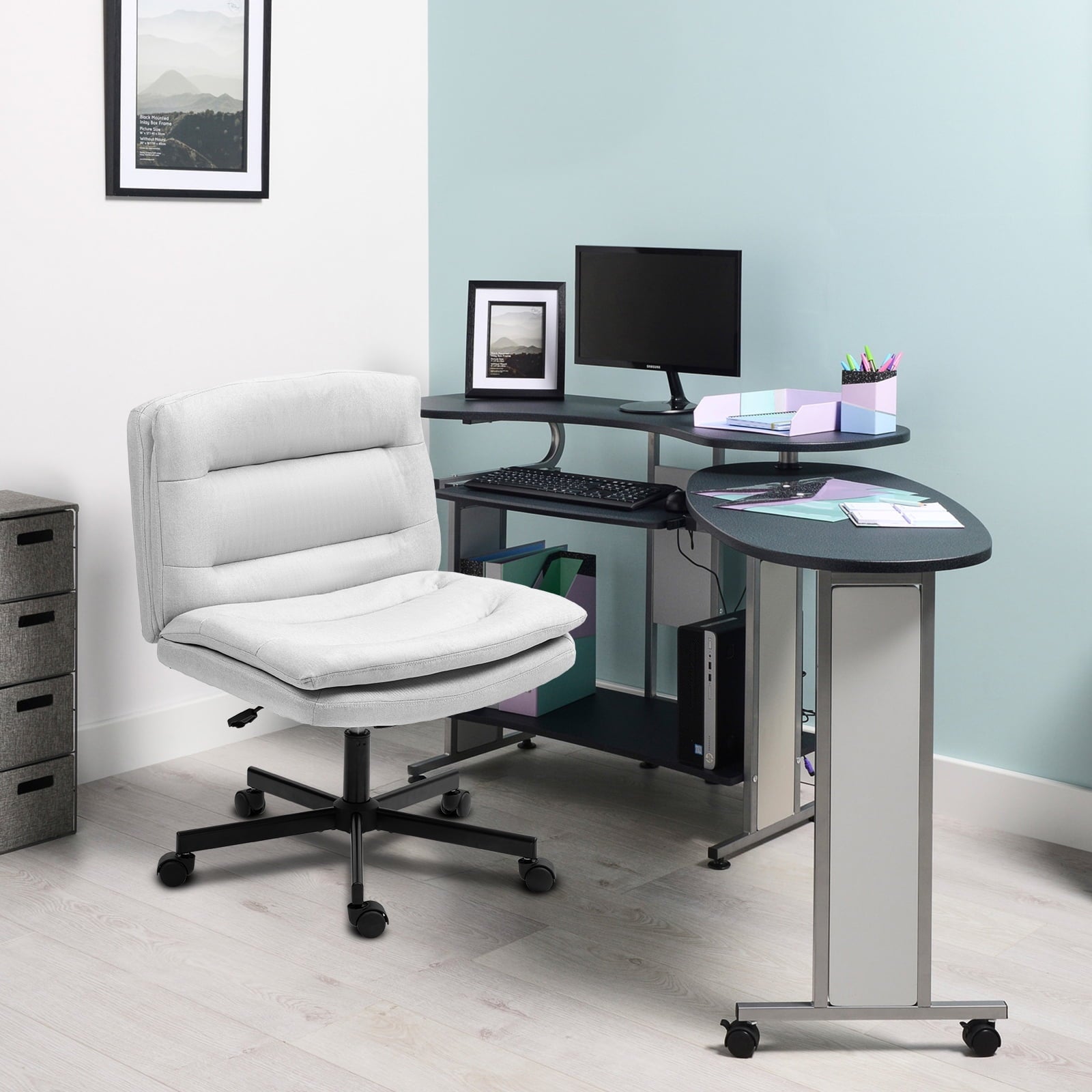 Criss Cross Legged Chair Ergonomic Home Office Desks Chair with Casters, Armless Wide Comfy Vanity Desk Seat Swivel Rolling Computer Chair, Adjustable Height, Rocking Function, Beige