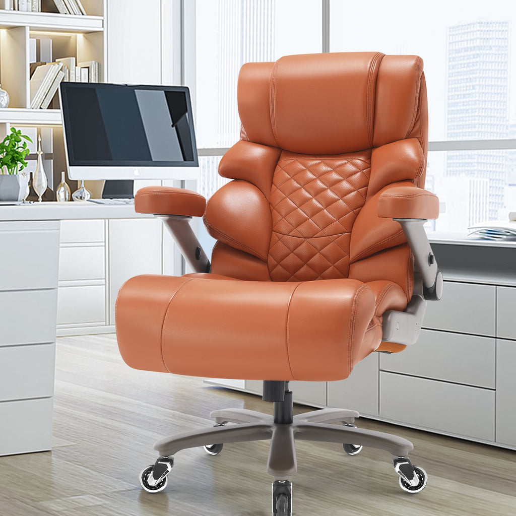 WOSDOM Big and Tall Office Chair 700lbs, Large High Back Executive Chair with Extra Wide Seat, Heavy Duty Rocking Computer Chair, 3D Flip Arms, Adjustable Lumbar Support, Brown