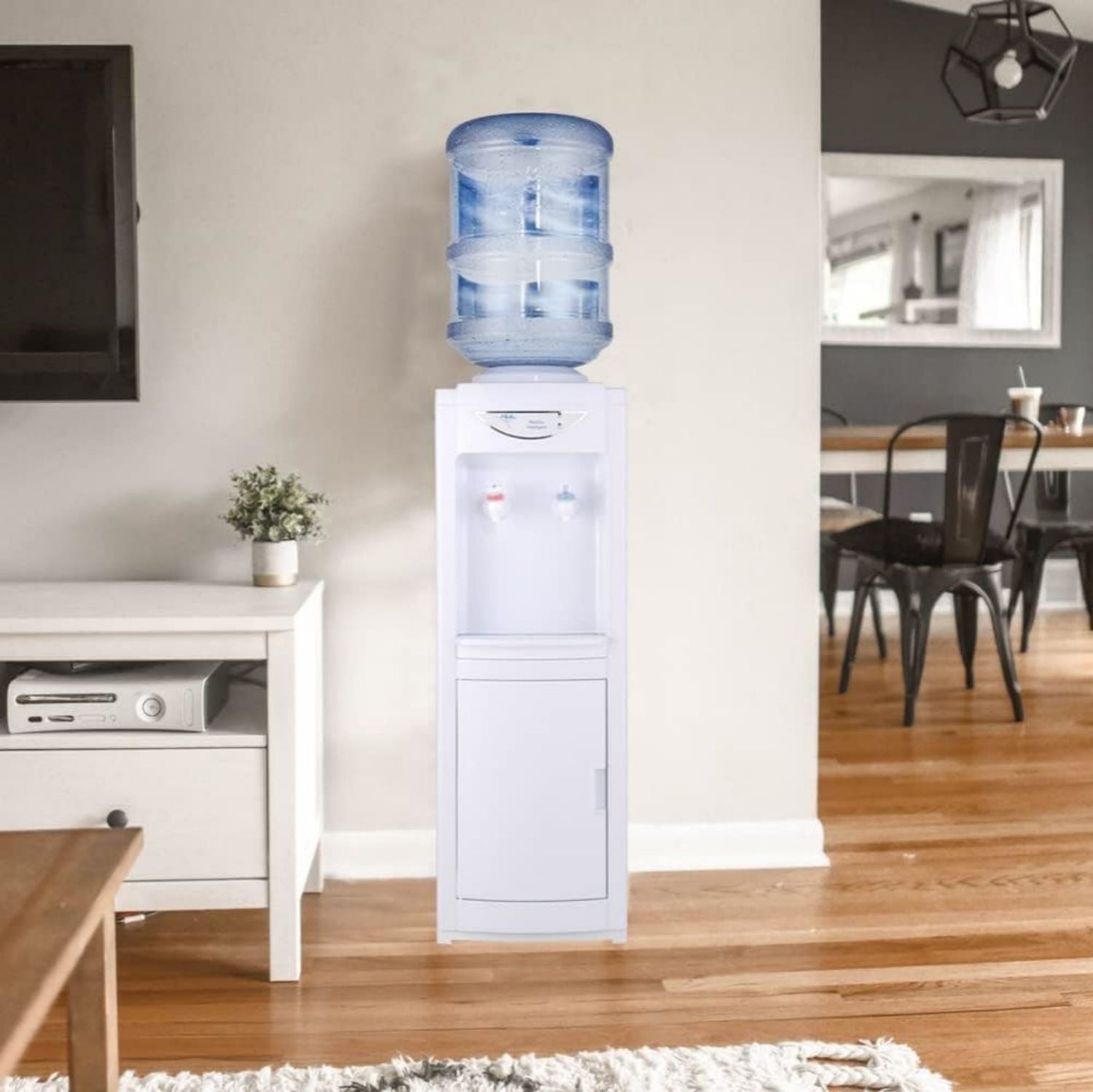 Water Cooler Dispenser, Hot&Cool Top Loading Water Dispenser 5 Gallons Water Coolers with Child Safety Lock Removable Drip Tray & Storage Cabinet(White)
