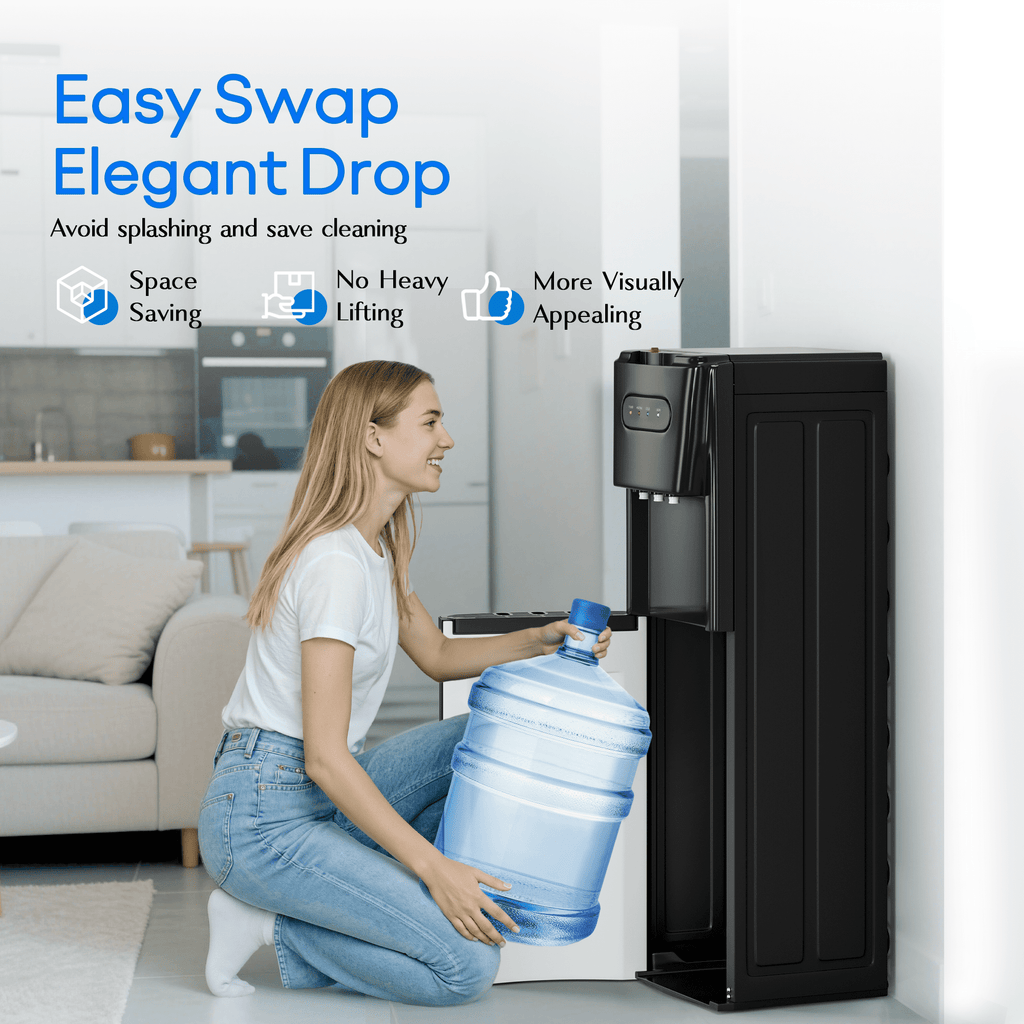 UrbanSync Bottom Loading Water Dispenser for 3 or 5 Gallons, 3 Temperatures (Cold/Hot/Warm) with Child Lock, Display Light, for Apartments, Schools, Companies, Black