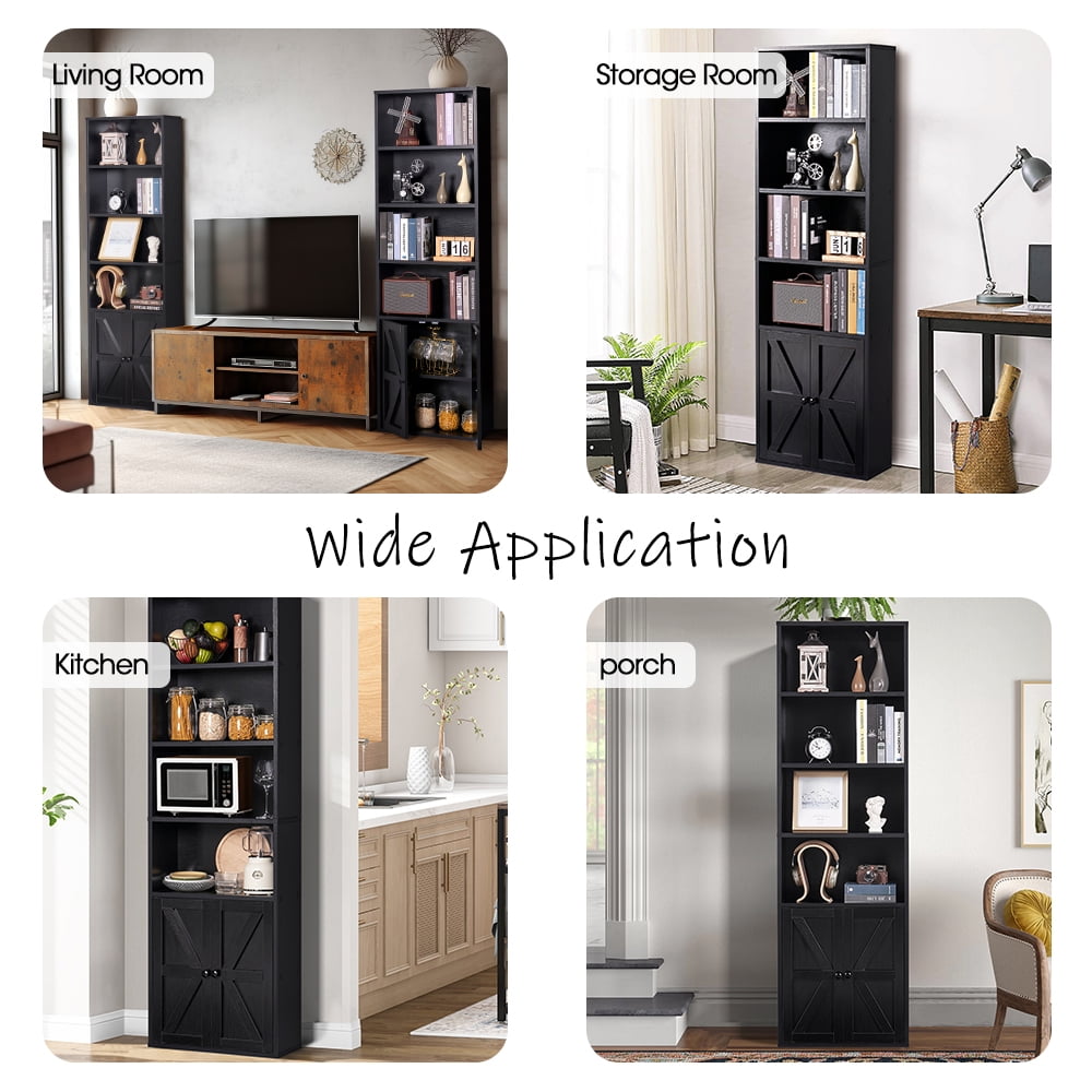 Easoger 6 Tier Bookcase Set of 2, Bookshelves with Barn Cabinet Doors, Floor Bookshelves for Home Office, Living Room, Black