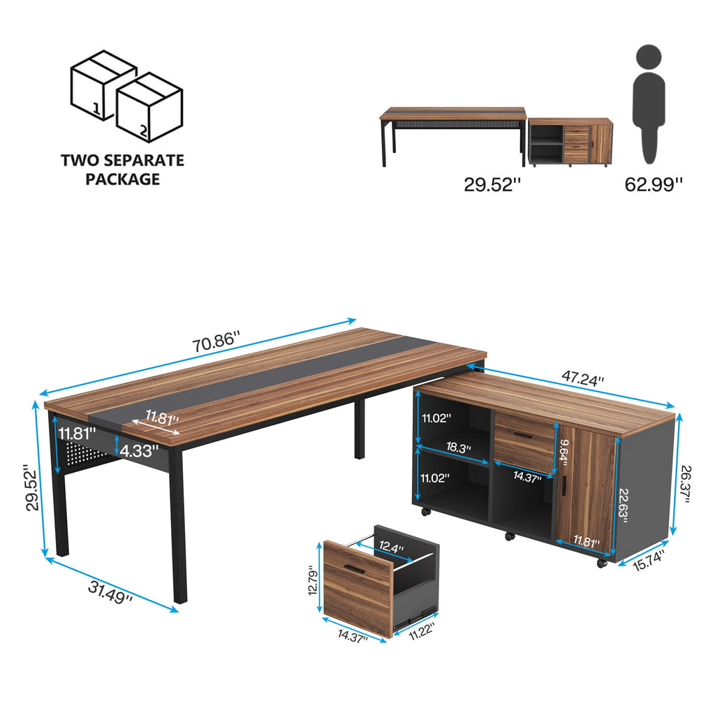 Tribesigns 70.8" Large Computer Desk with 47" File Cabinet, L Shaped Executive Office Desk Workstation, Walnut & Black