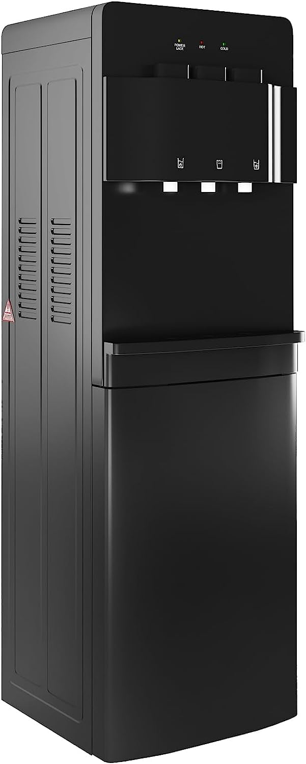 Muhub Cold & Hot Water Cooler Dispenser, Black Bottom Loading Water Cooler Dispenser, Holds 3 or 5 Gallon Bottle, Anti-Scalding Design and Storage Cabinet, Child Safety Lock for Home, Office Use