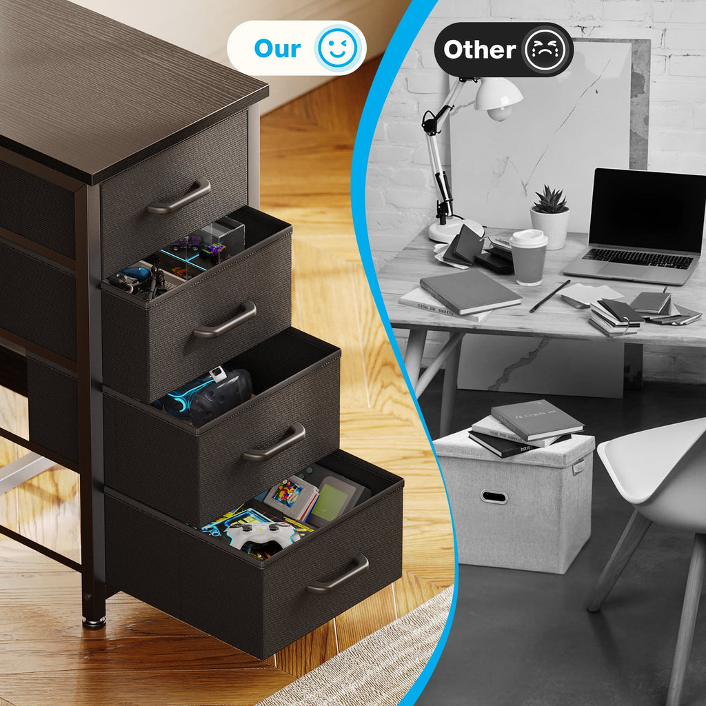 48 inch Computer Desk with 4 Fabric Drawers — Home Office Desks with Storage, Writing Desk with Side Hook, Desk Study/Work Table for Bedroom and Small Space, Black