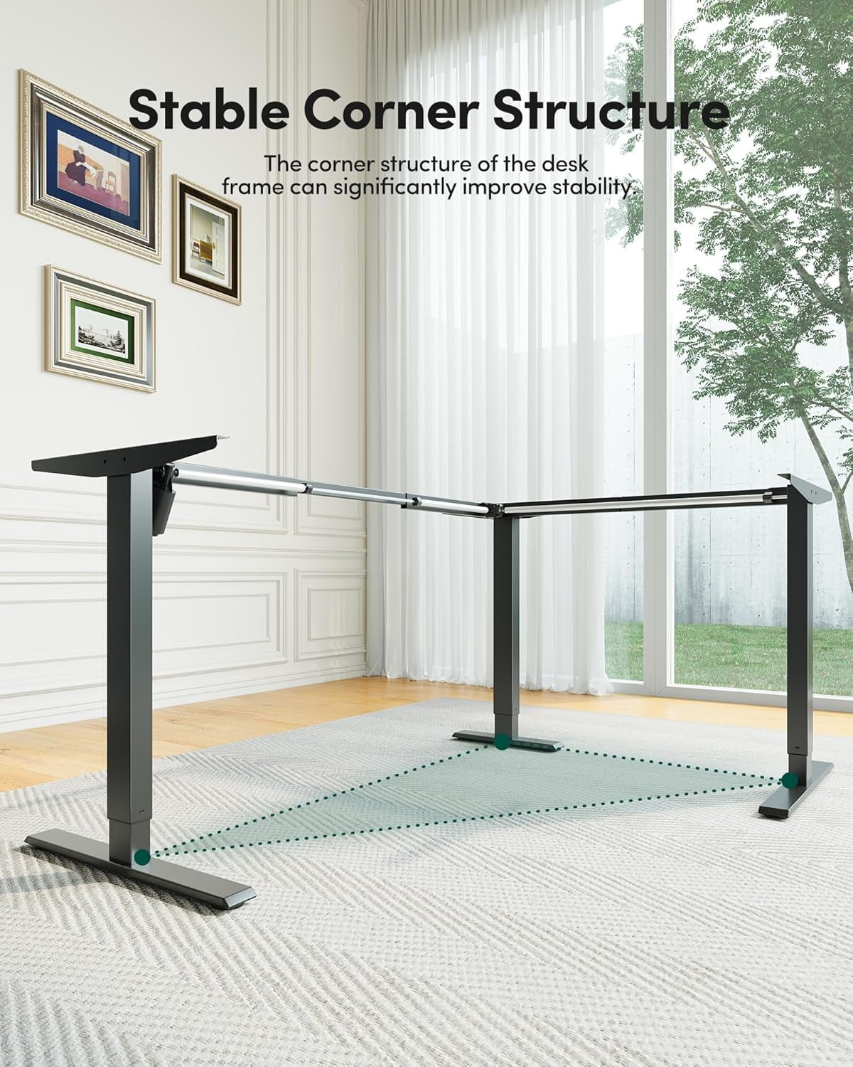 DESINO L Shaped Standing Desk, 63 inch Electric Height Adjustable Home Office Desk with Drawers, Large Ergonomic Computer Desk with Reversible Tabletop, 2 Memory Height Settings, Black