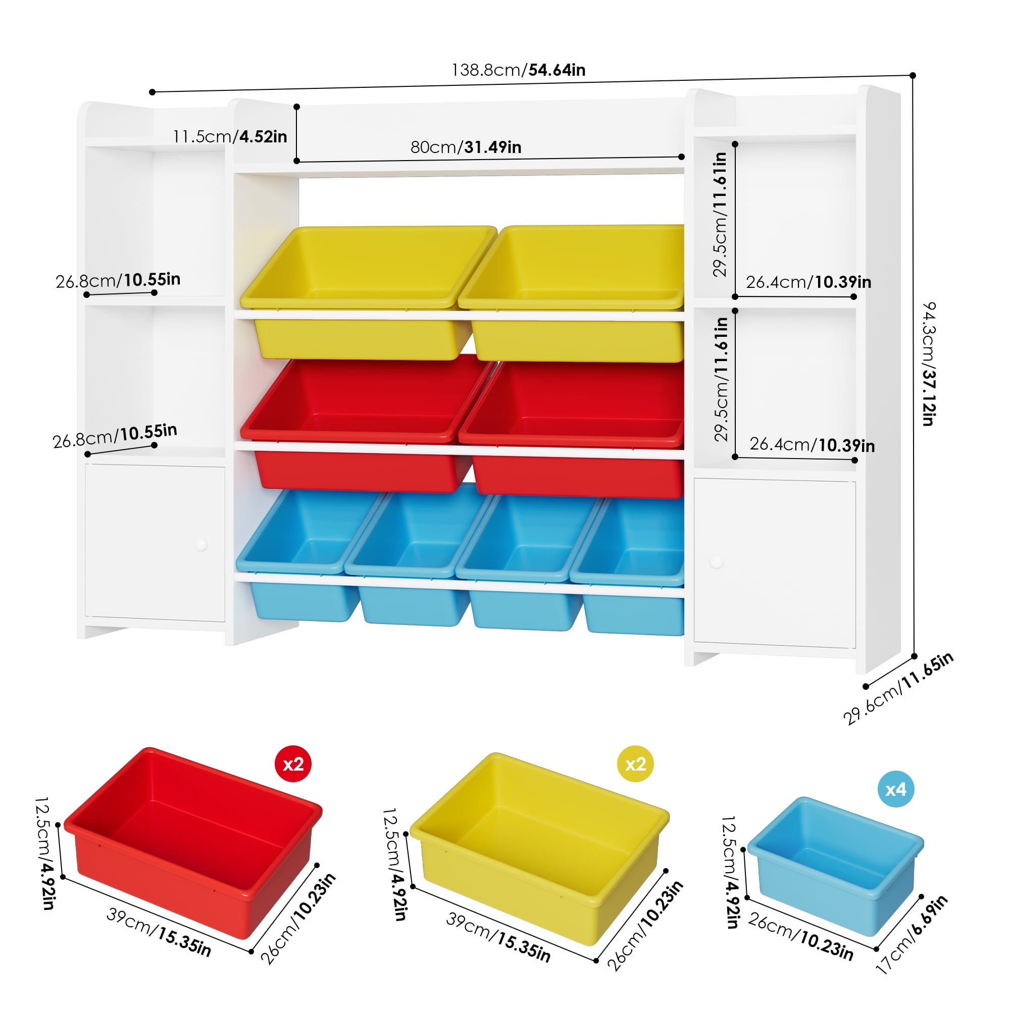 Homfa Kids Toy Storage Organizer Bookcase with 8 Bins, Storage Organizer Bookshelf with 2 Door for Children Playroom Organization, White/Red/Blue/Yellow