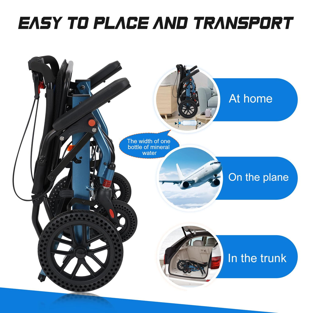 20LBS Ultra-Lightweight Foldable Wheelchair for Adults & Seniors, 10” Honeycomb Tires, Dual Handbrake, 220LBS Capacity, Portable for Travel & Daily Use