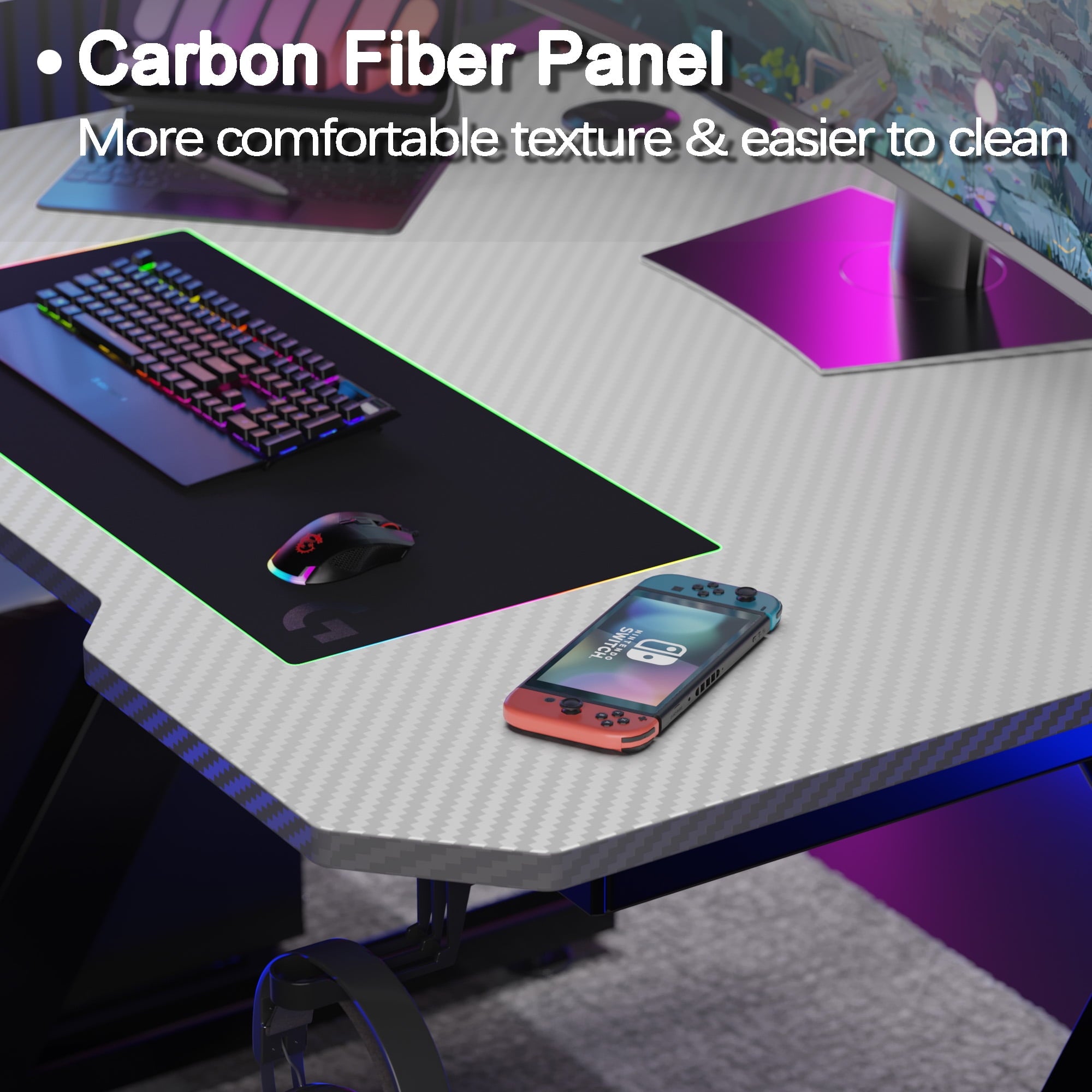 Homall 32 Inches Z-Shaped Gaming Desk Carbon Fiber Surface Desk with Cup Holder & Headphone Hook, Gray