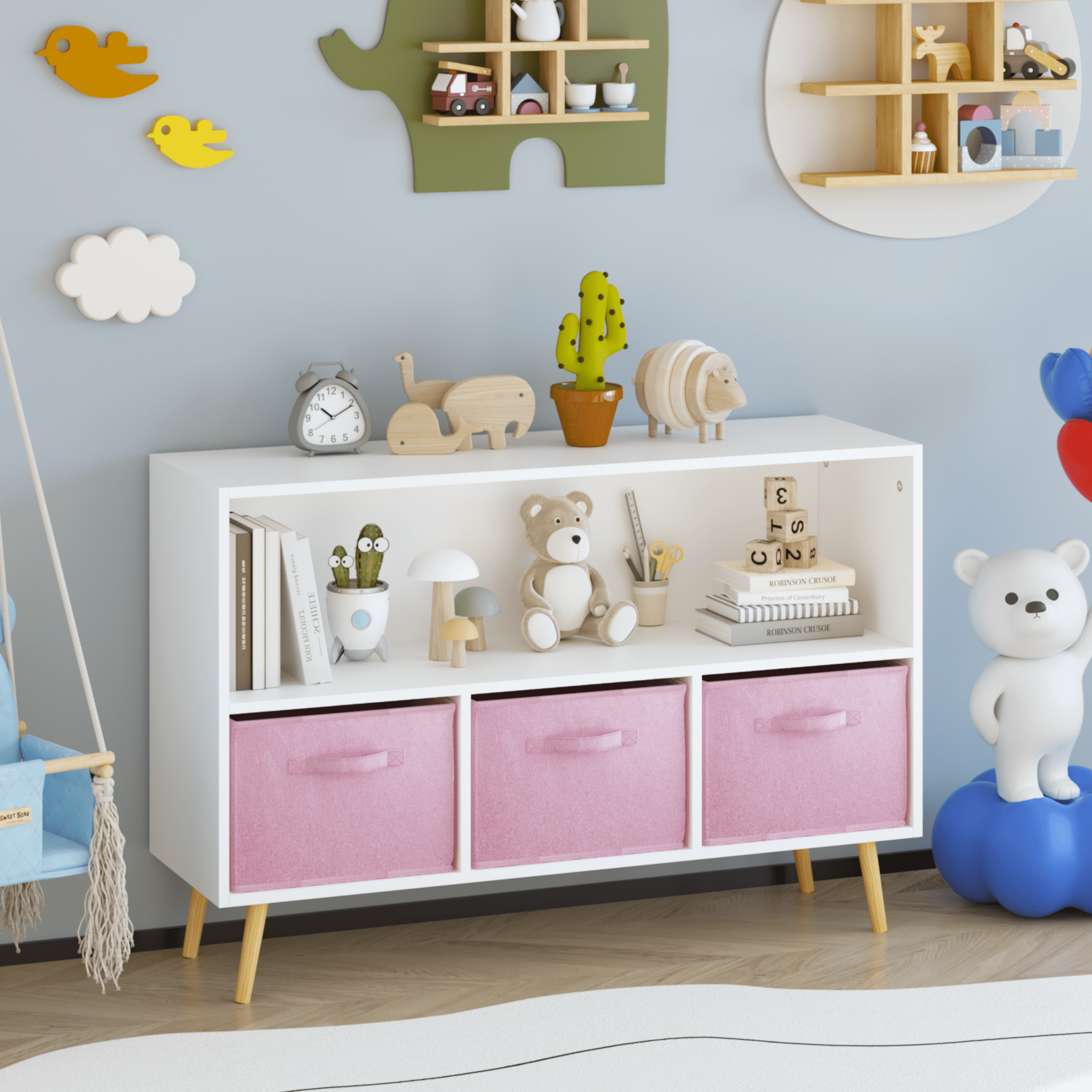 PORKISS Kids Bookshelf, Wood Kids Bookcase with 3 Collapsible Fabric Drawers, Freestanding Bookshelf for Kids, Modern Toy Storage Organizer for Kids Room, Living Room, Easy to Assembly, White/Pink