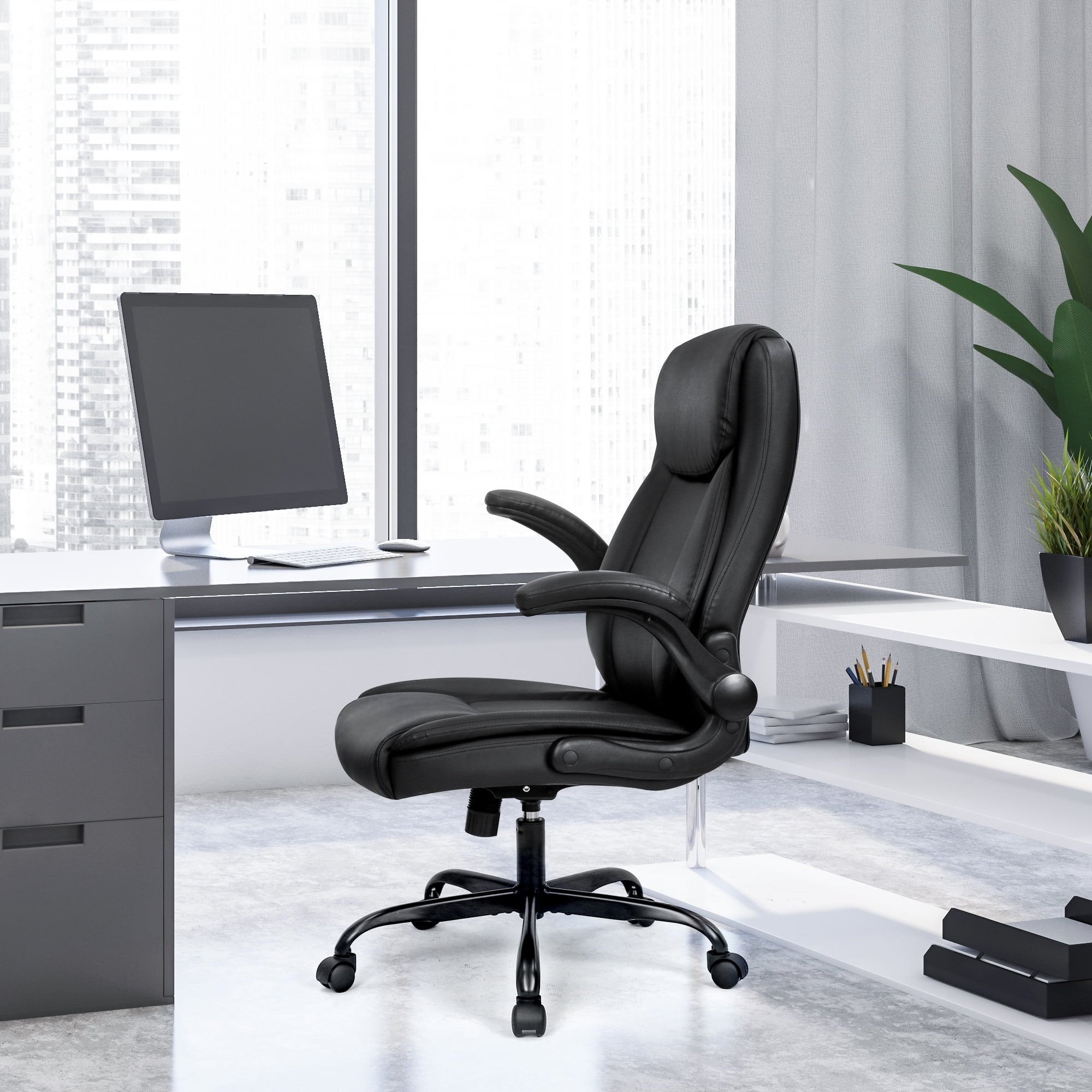 NEO CHAIR Executive Office Chair, Ergonomic High back Cushioned, Wide Leather Seat 8 Hours Heavy Duty Design, Flip Up Armrest Computer Desk Chair, Black