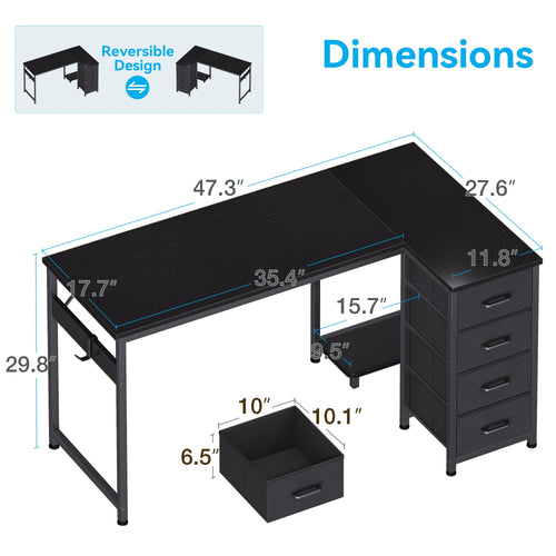 48 inch Computer Desk with 4 Fabric Drawers — Home Office Desks with Storage, Writing Desk with Side Hook, Desk Study/Work Table for Bedroom and Small Space, Black