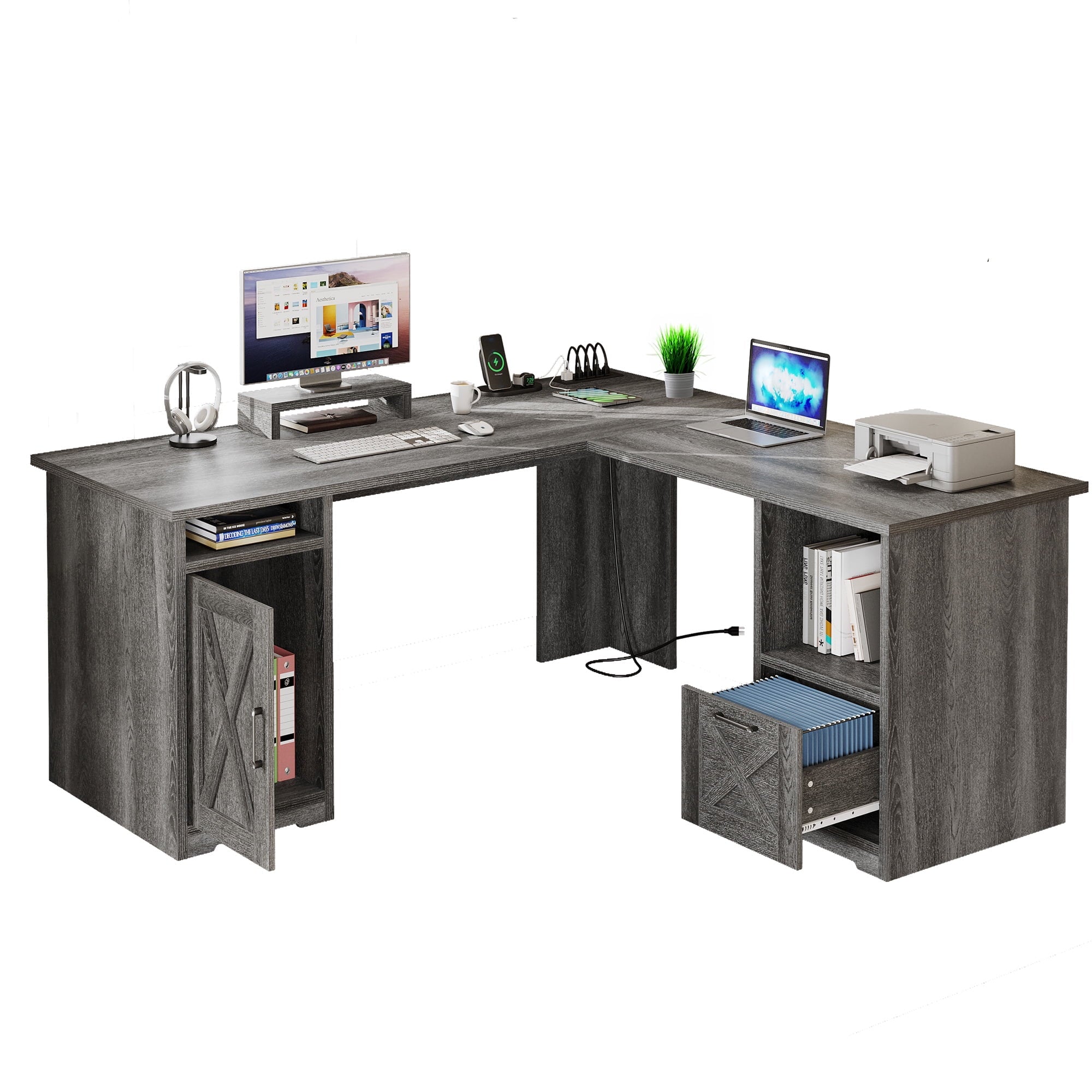 Dextrus 59 inch L-Shaped Desk with Power Outlet & USB Ports, Office Desk with File Cabinets, Large Computer Desk with Drawers, 2 Person Corner Desk Writing Desk with Storage Shelves, Gray