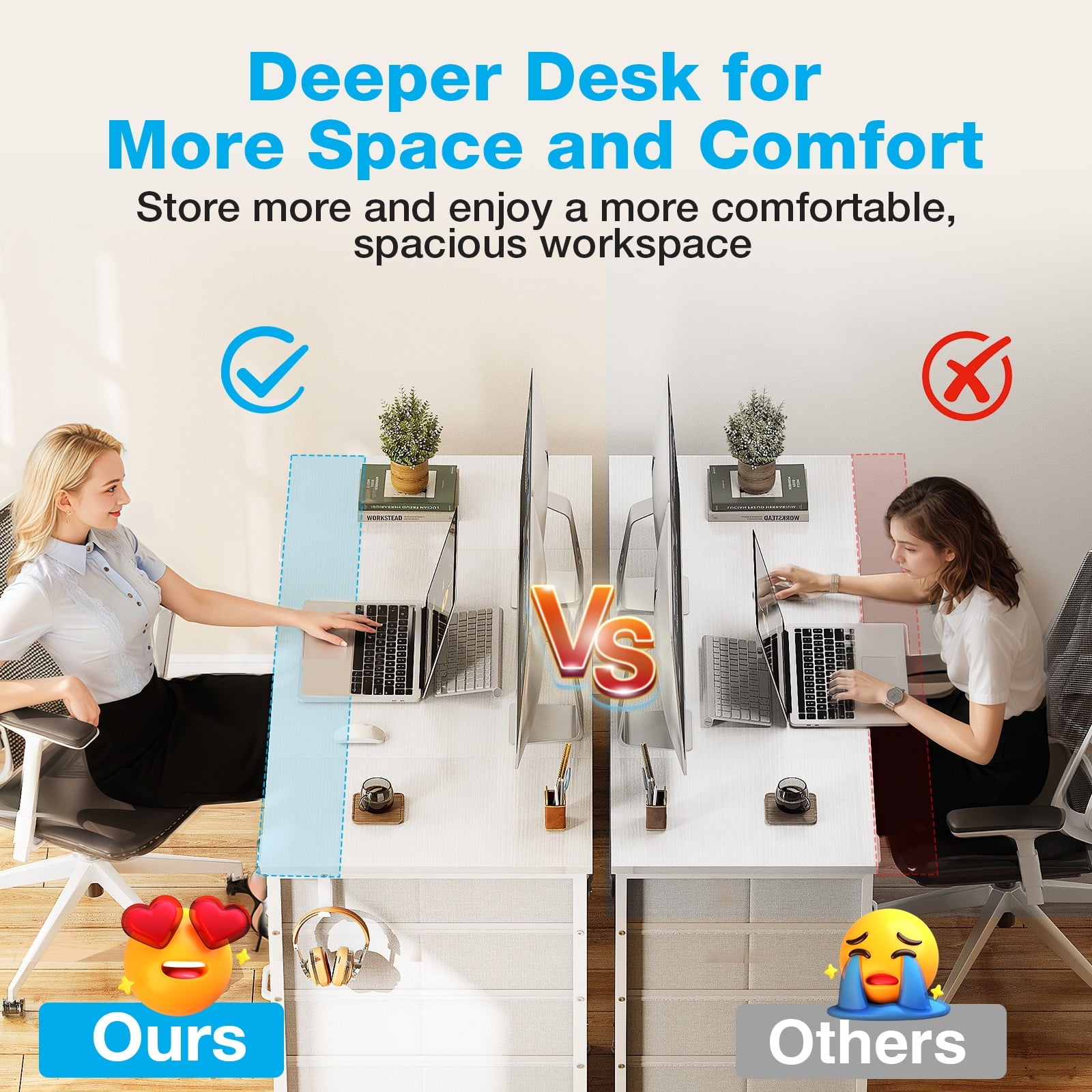 White Computer Desk with Drawers for Storage - 48 inch Home Office Desk with 8 Fabric Drawers, Writing Study Desk with Drawers on Both Sides for Bedroom