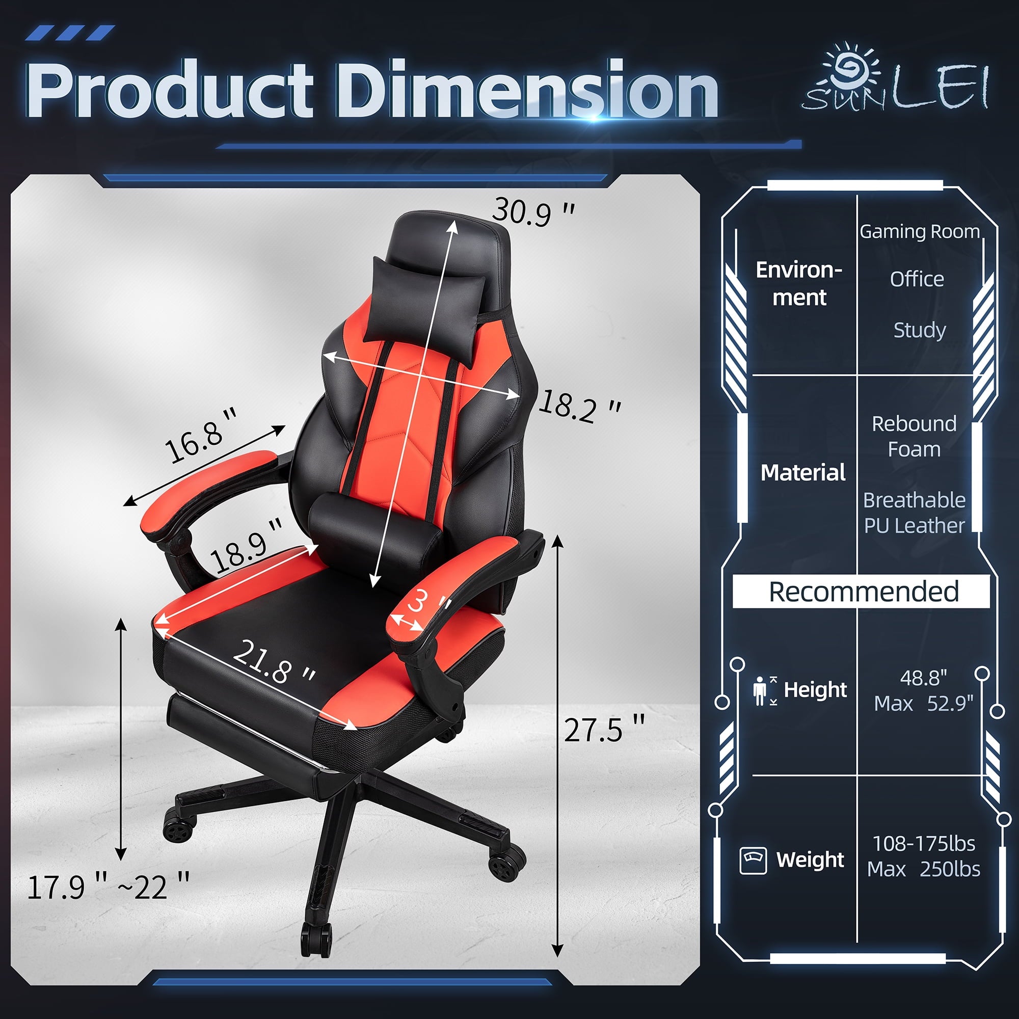 Walsunny Ergonomic Gaming Chair with Adjustable Footrest and Massage Leather Game Chair large gaming chair with Headrest and Lumbar Support for Adults, Red