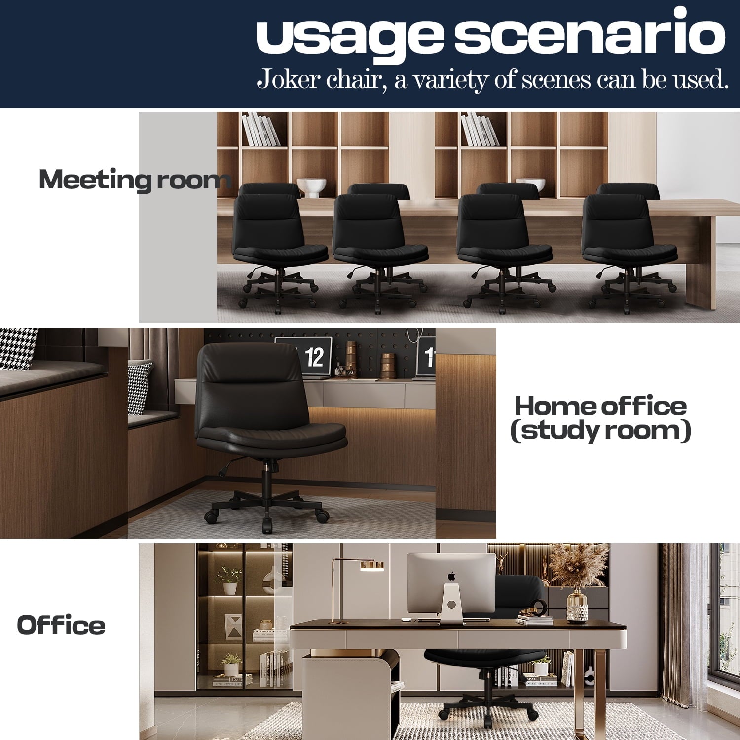 Cross Legged Office Chair,Armless Wide Seat Ergonomic Home Office Desk Chair with Wheels Swivel Home Office Desk Computer Chair for Vanity Home Office Bedroom,Black