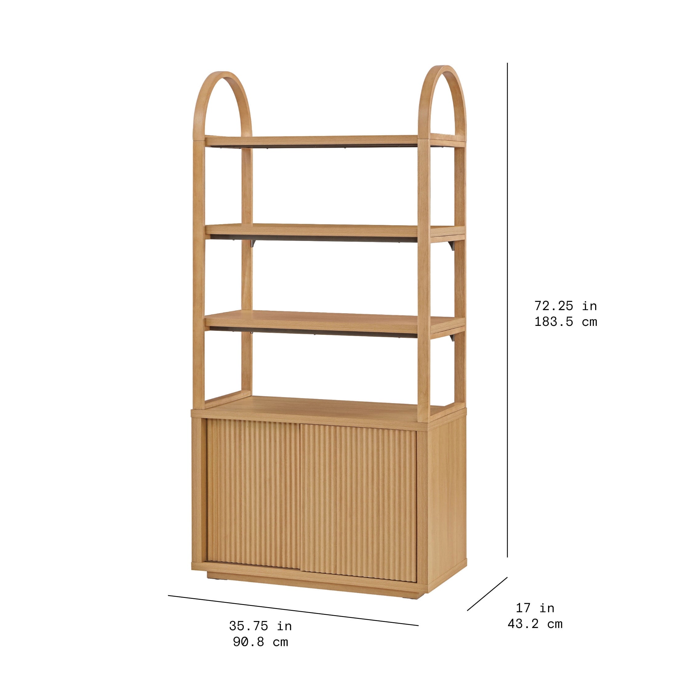 Beautiful Fluted 3-Shelf Bookcase with Storage Cabinet by Drew Barrymore, Light Honey Wood Finish