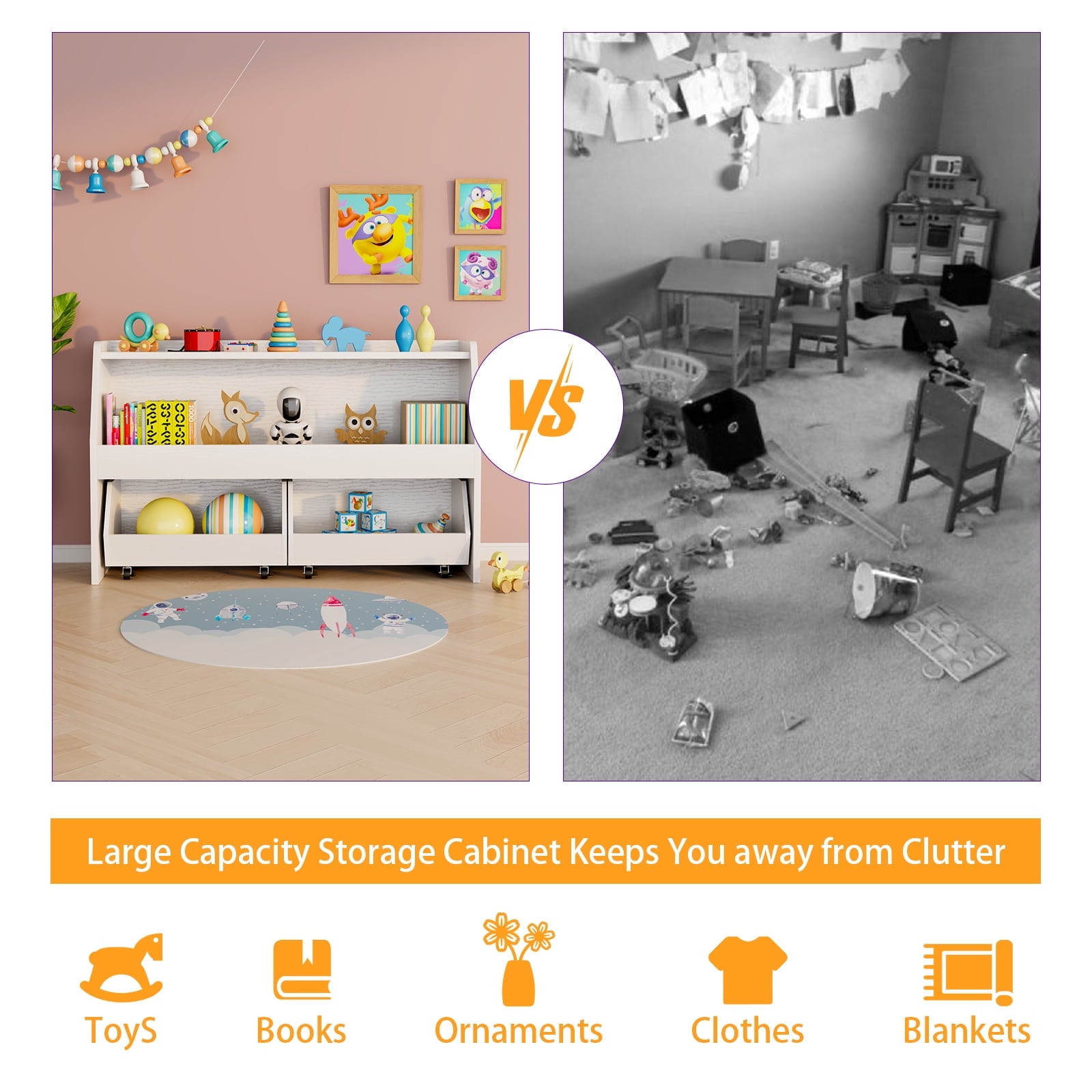 2-Tier Portable Toy Storage, Kids Toy Organizer W/2 Removable Bins with 4 Wheels（White)