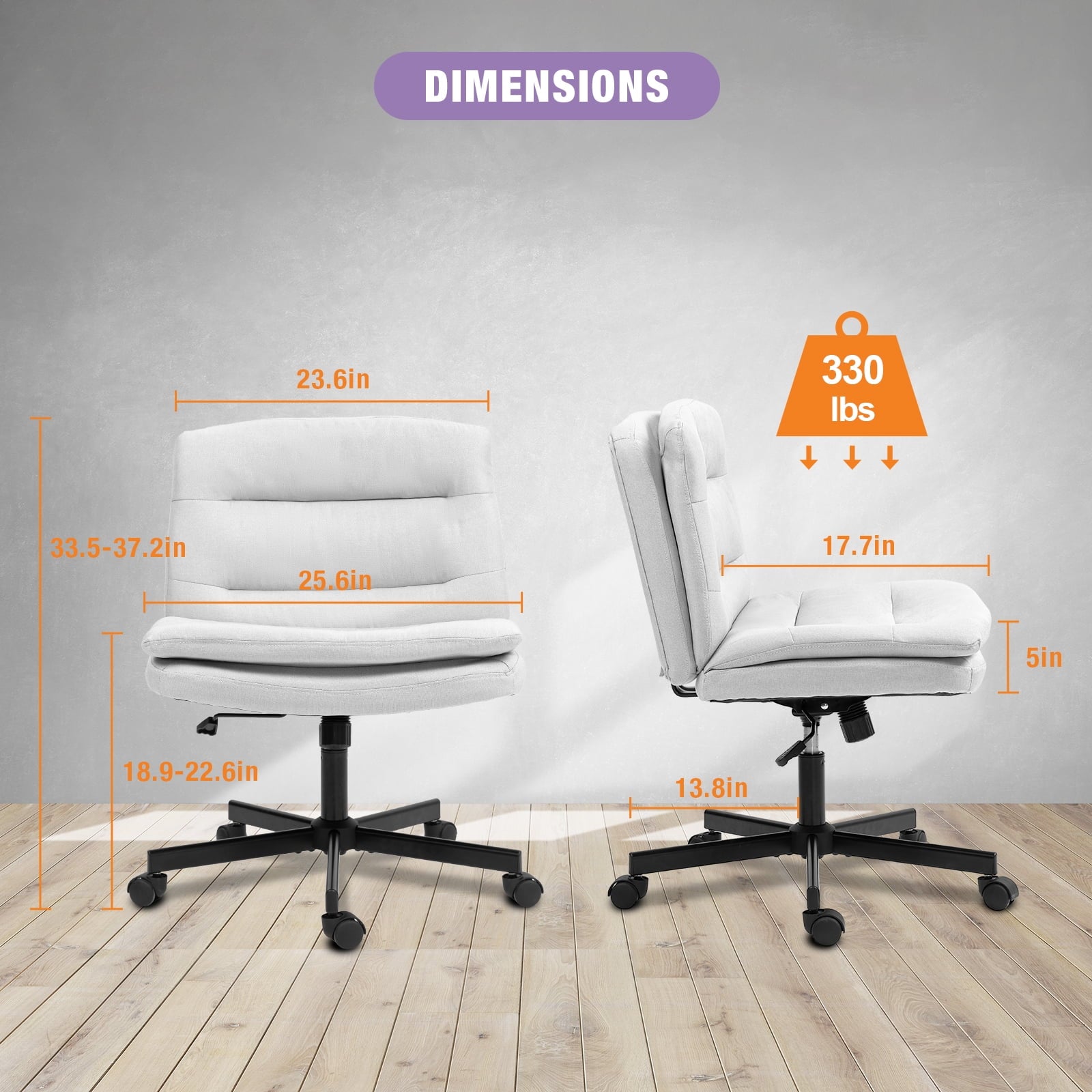 Criss Cross Legged Chair Ergonomic Home Office Desks Chair with Casters, Armless Wide Comfy Vanity Desk Seat Swivel Rolling Computer Chair, Adjustable Height, Rocking Function, Beige