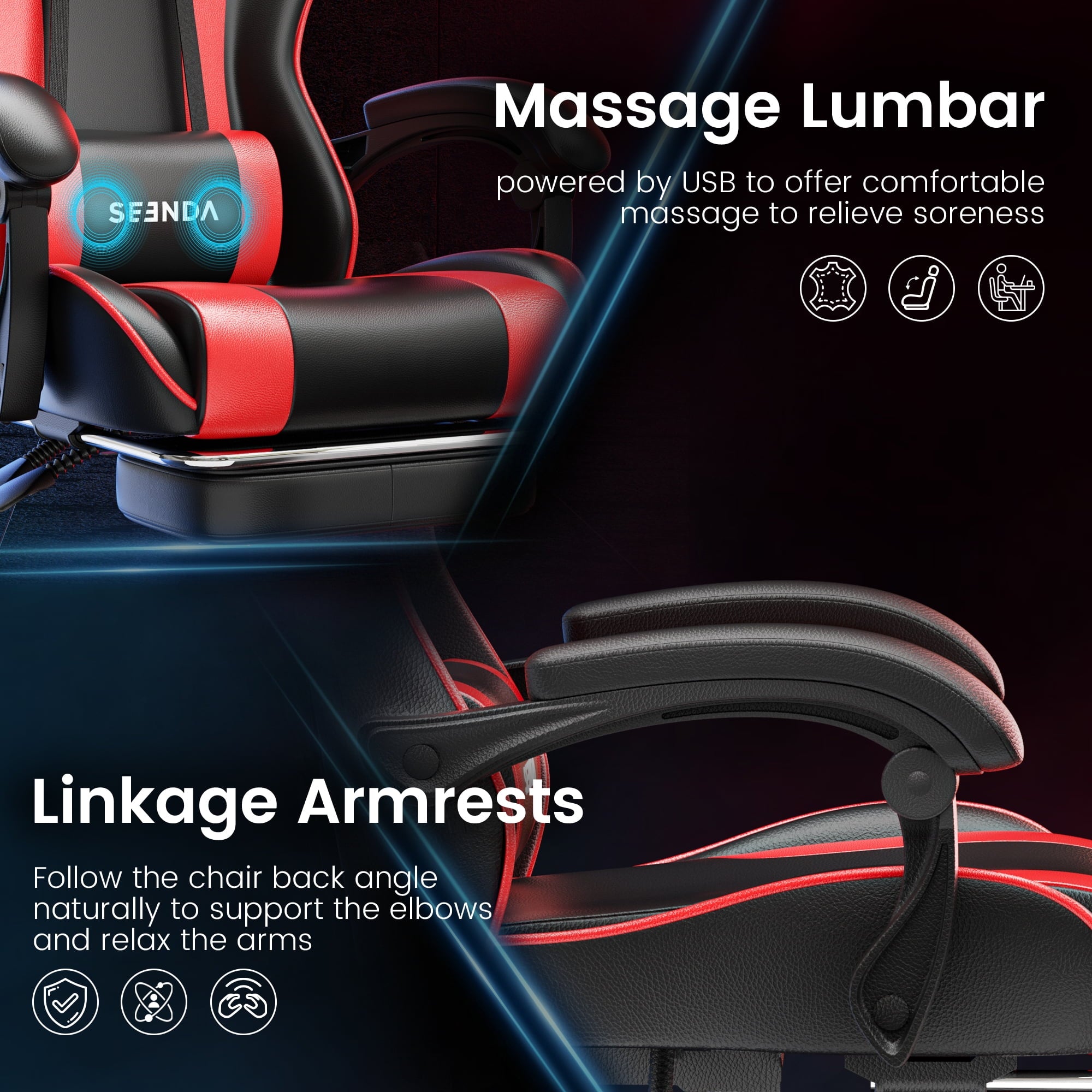 Gaming Chair, Seenda Computer Office Chair, High Back Ergonomic Home Office Desk Chair with Massage Lumbar Support Task Chair, Linkage Armrests and Footrest, Red