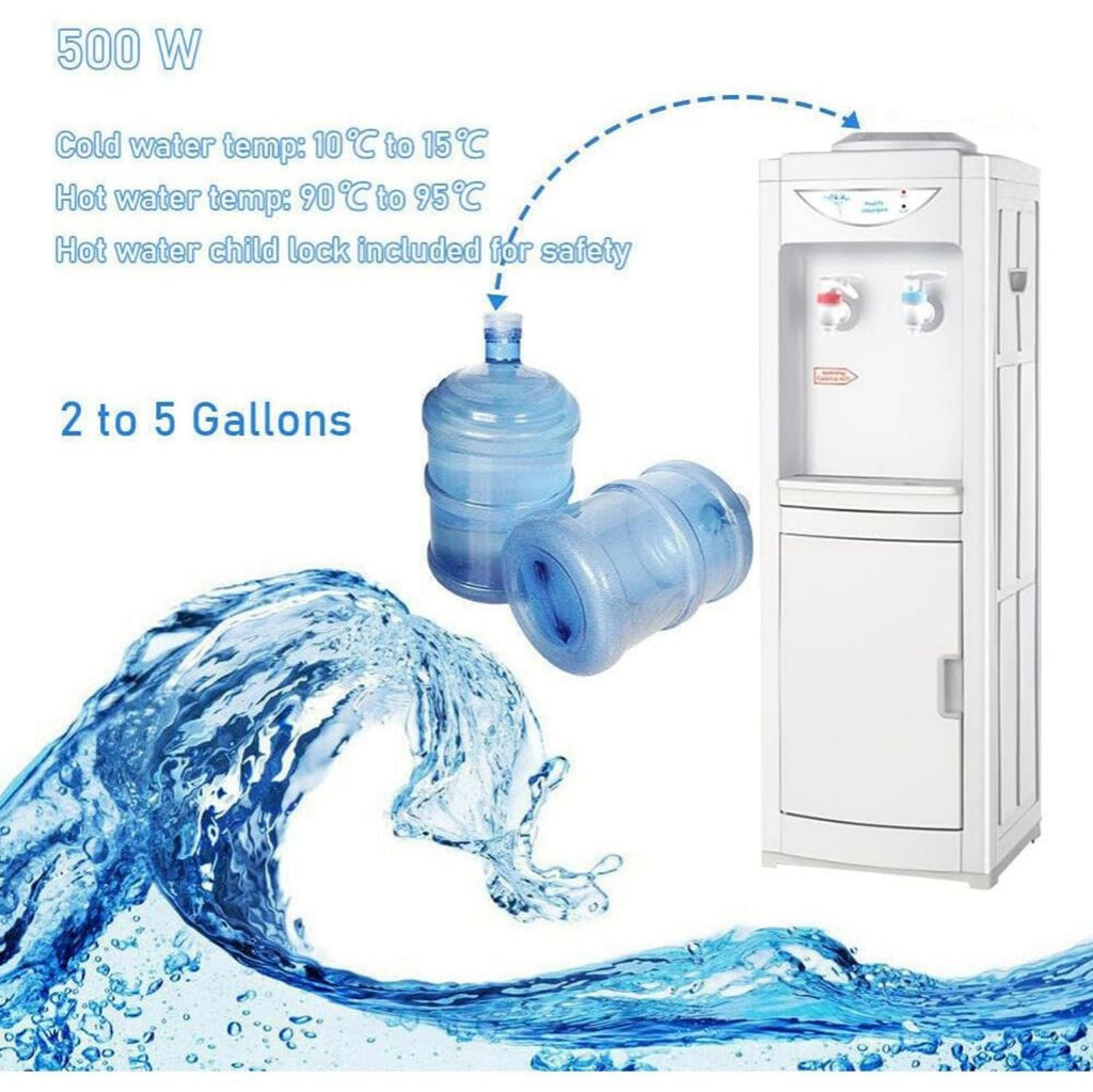 Water Cooler Dispenser, Hot&Cool Top Loading Water Dispenser 5 Gallons Water Coolers with Child Safety Lock Removable Drip Tray & Storage Cabinet(White)