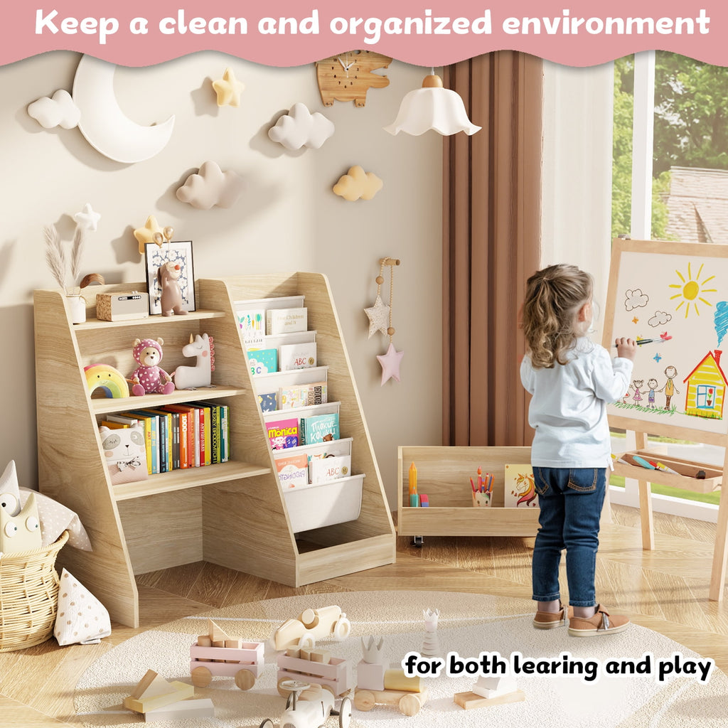 4-Tier Kids Bookshelf and Toy Storage, Book Shelf for Kids Rooms, Wooden bookcase for Toddler Children Baby in Nursery Playroom Living Room - Idea Gifts for Boys and Girls (Oak)