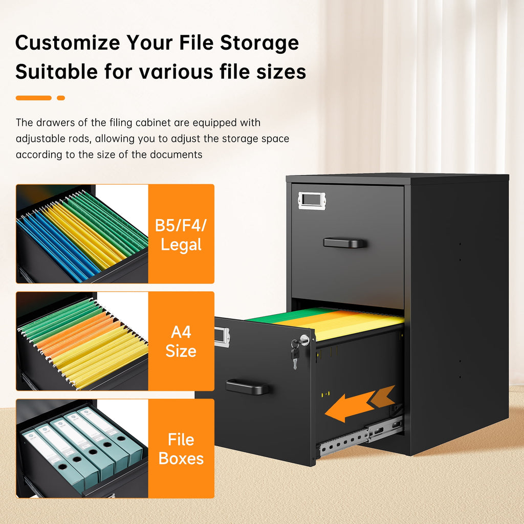 STANI 2 Drawer Filing Cabinet with Lock, Metal Vertical File Storage Cabinets for Home Office, Letter/A4 File Folders Storage, Assembly required (Black)