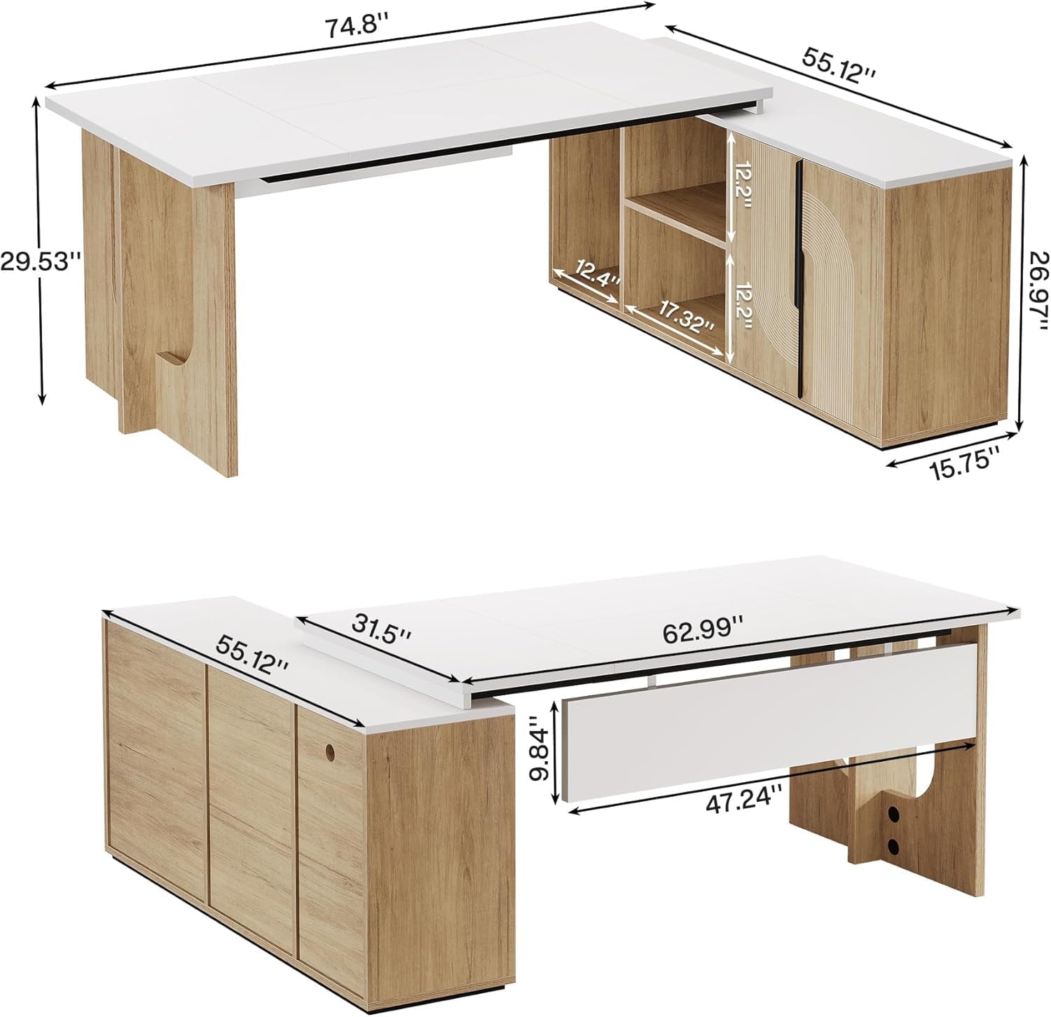 Tribesigns 74.8" Executive Desk, Large Office Desk with Cabinet, L Shaped Computer Desk with Shelves and CPU Storage, Modern Home Office Desk Business Furniture Workstation Set, White and Wood