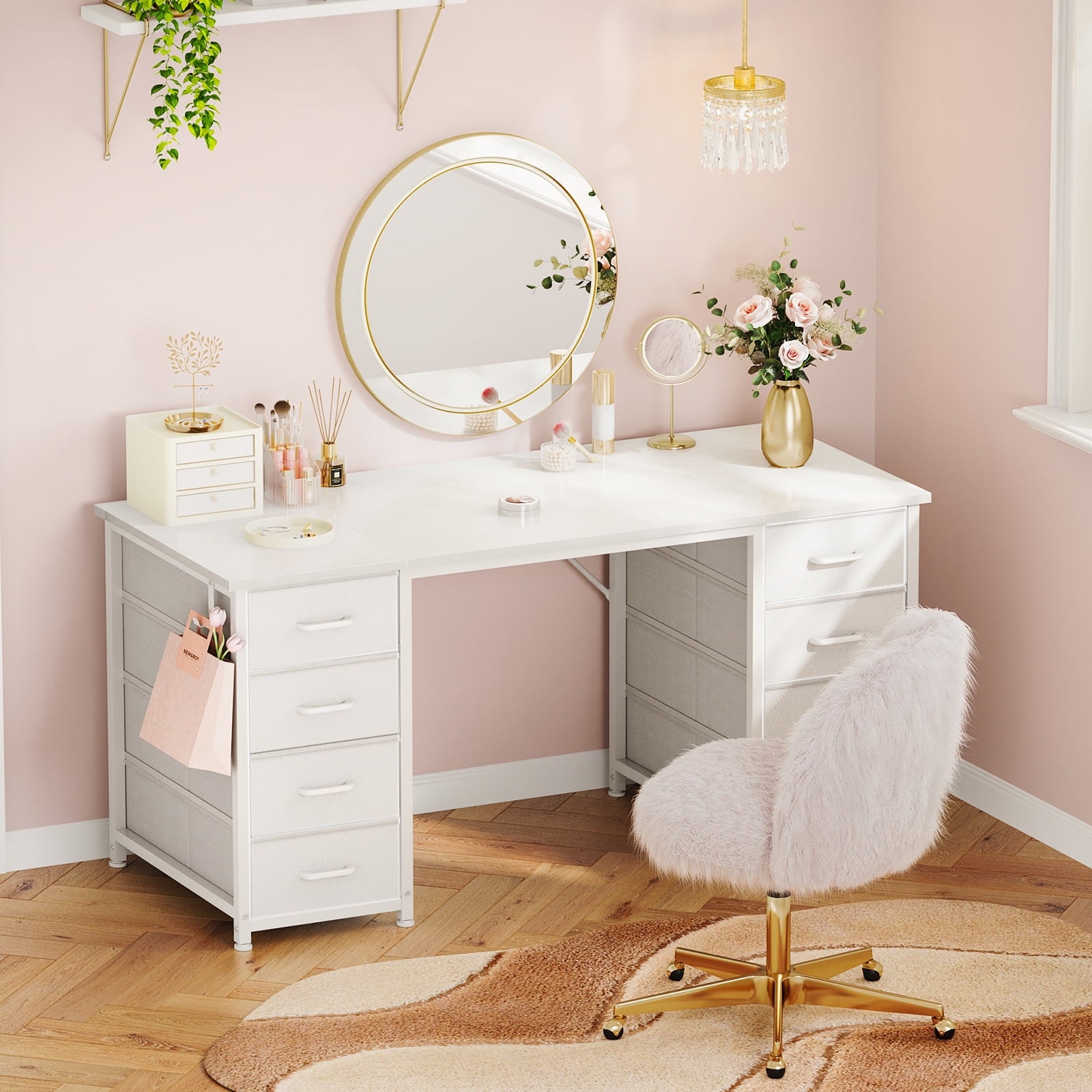 White Computer Desk with Drawers for Storage - 48 inch Home Office Desk with 8 Fabric Drawers, Writing Study Desk with Drawers on Both Sides for Bedroom