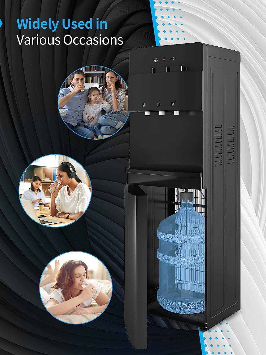 Muhub Cold & Hot Water Cooler Dispenser, Black Bottom Loading Water Cooler Dispenser, Holds 3 or 5 Gallon Bottle, Anti-Scalding Design and Storage Cabinet, Child Safety Lock for Home, Office Use