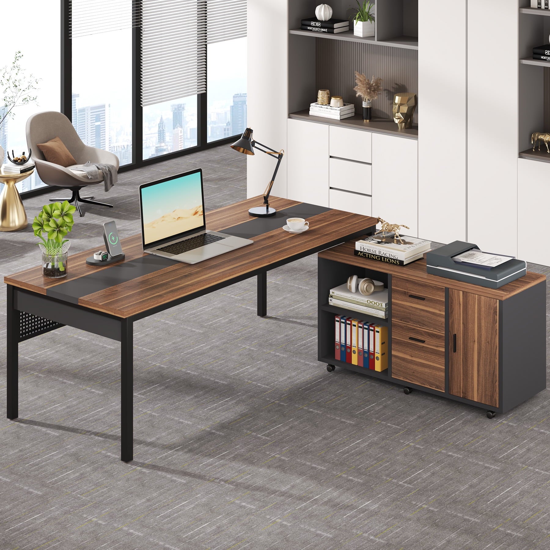 Tribesigns 70.8" Large Computer Desk with 47" File Cabinet, L Shaped Executive Office Desk Workstation, Walnut & Black