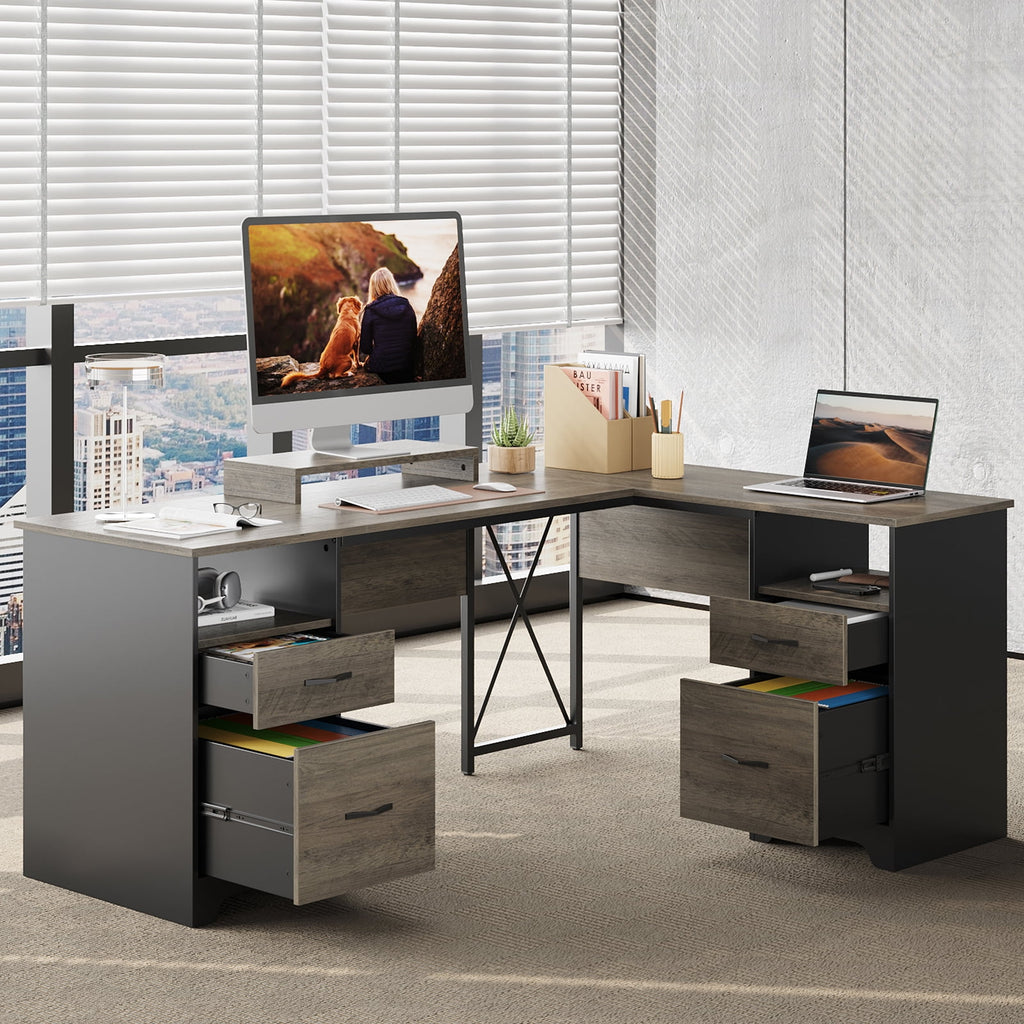 Bestier L Shaped Desk with 4 Drawers, 63" x 47" Executive Desk with Monitor Stand, File Drawers for Home Office, Gray