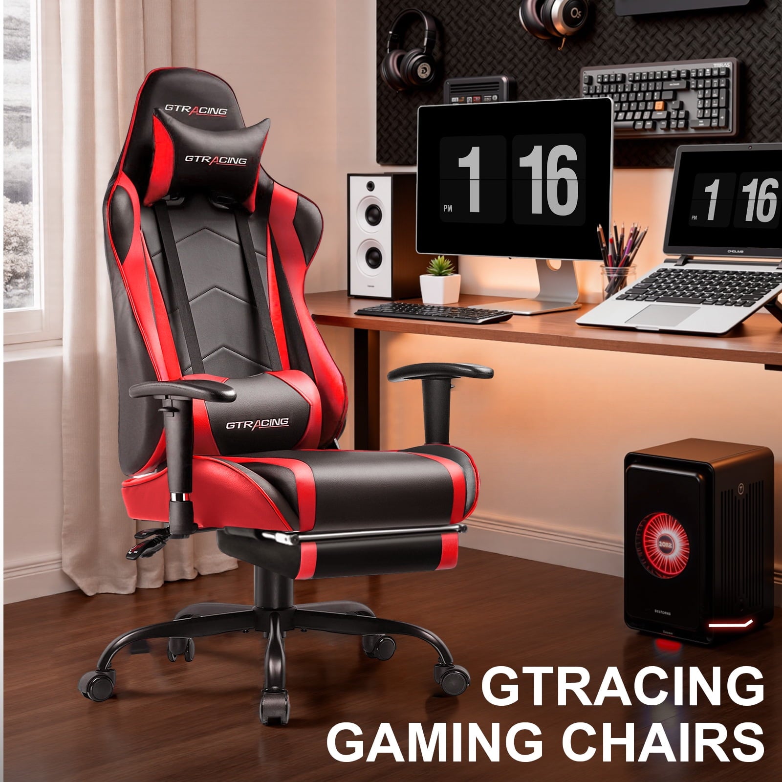 GTRACING Gaming Chair, Ergonomic Office Desk Chair with Lumbar Support, PU Leather, Footrest & Adjustable Headrest, Red