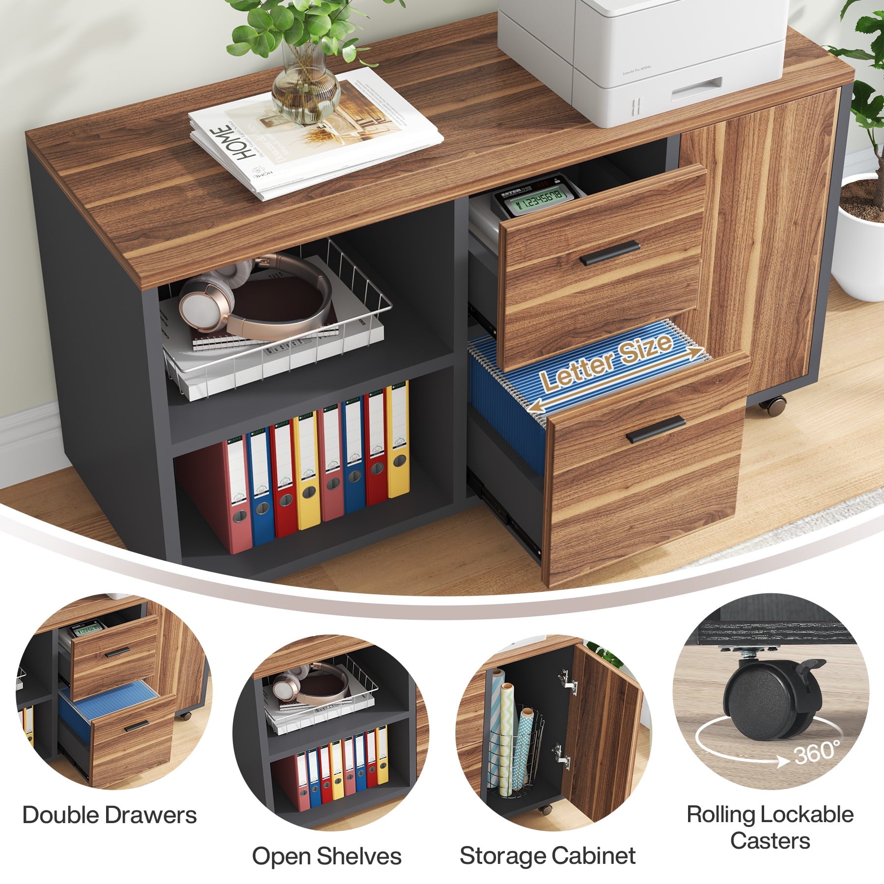 Tribesigns 70.8" Large Computer Desk with 47" File Cabinet, L Shaped Executive Office Desk Workstation, Walnut & Black