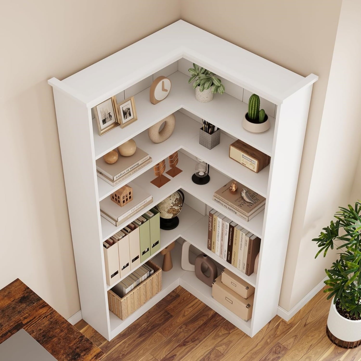 Garvee Large 5-Tier L-Shaped Corner Bookshelf, 35.5 x 35.5 x 72.8", White