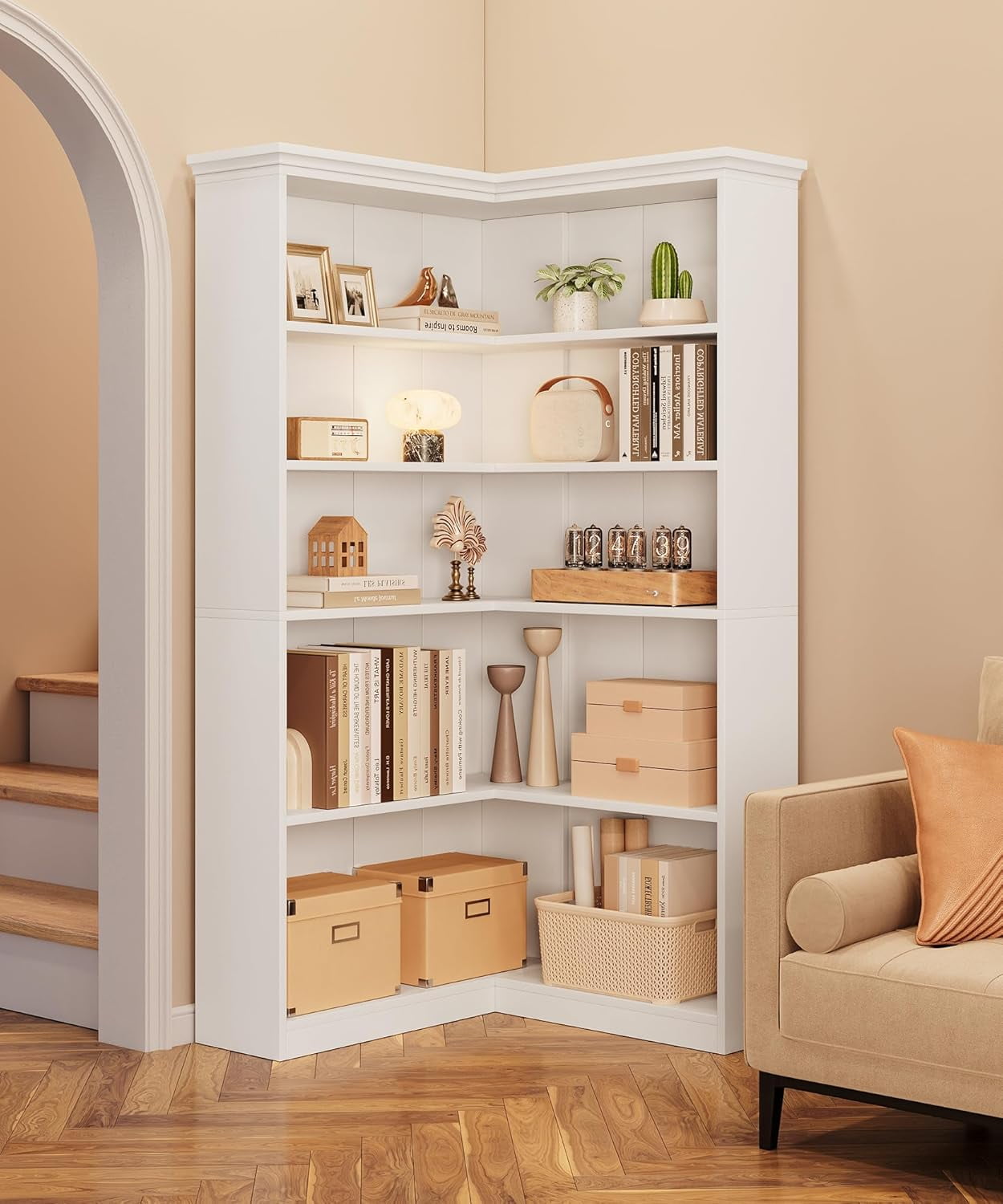 Garvee Large 5-Tier L-Shaped Corner Bookshelf, 35.5 x 35.5 x 72.8", White