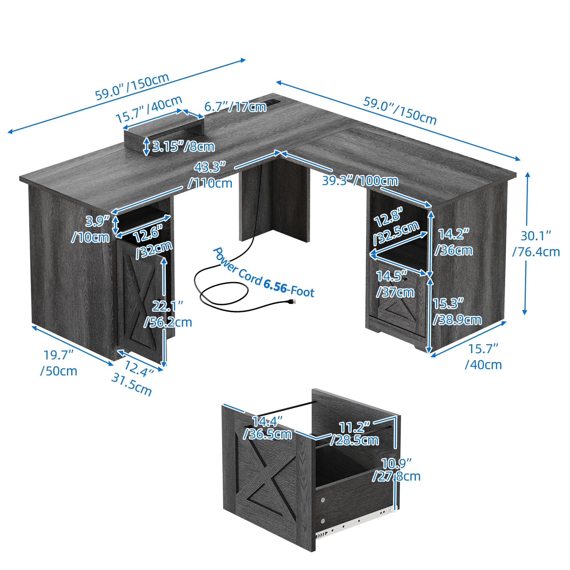Dextrus 59 inch L-Shaped Desk with Power Outlet & USB Ports, Office Desk with File Cabinets, Large Computer Desk with Drawers, 2 Person Corner Desk Writing Desk with Storage Shelves, Gray