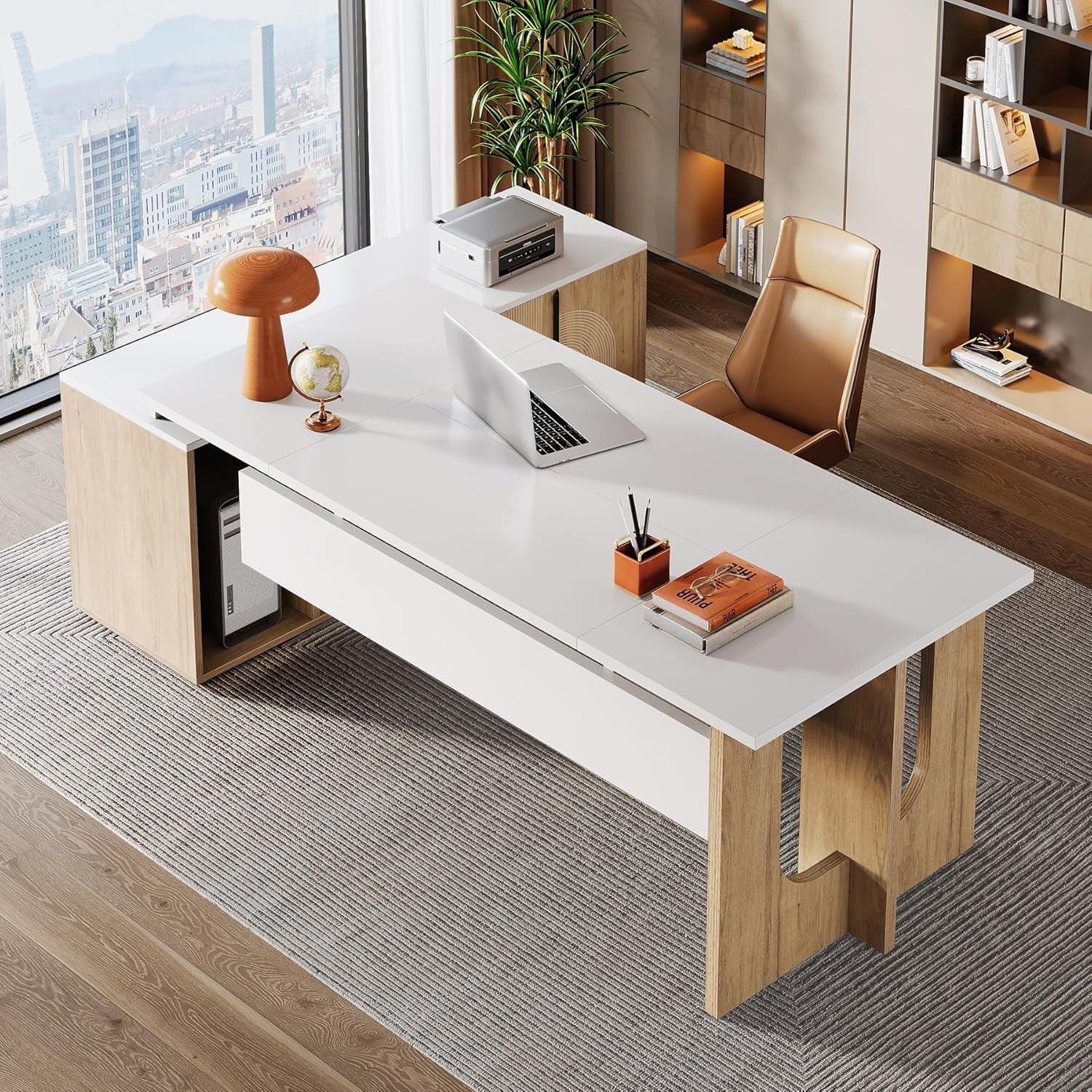 Tribesigns 74.8" Executive Desk, Large Office Desk with Cabinet, L Shaped Computer Desk with Shelves and CPU Storage, Modern Home Office Desk Business Furniture Workstation Set, White and Wood