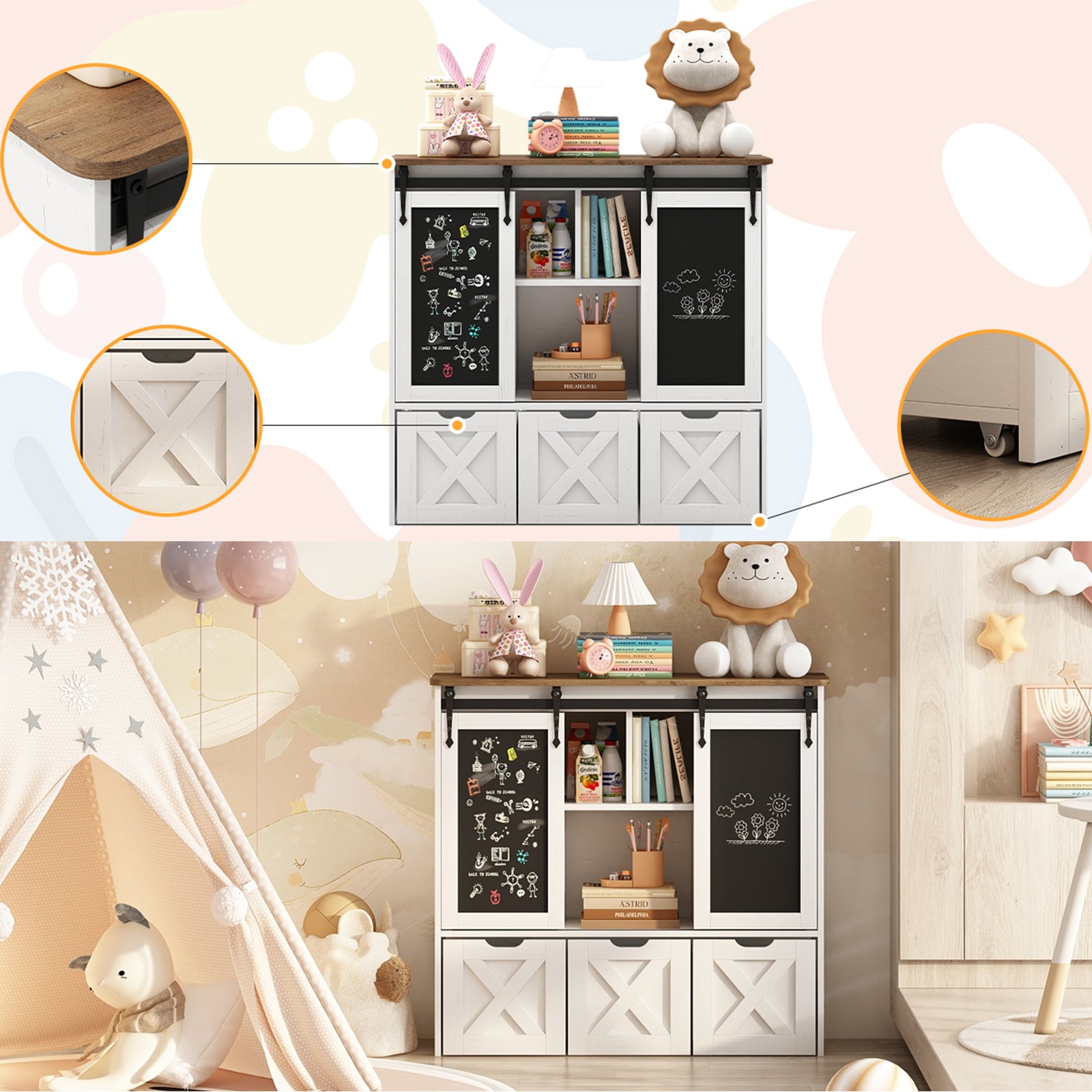 Vabches Toy Storage Organizer with 3 Drawers Kids Bookcase with Sliding Blackboard Storage Cabinet, White