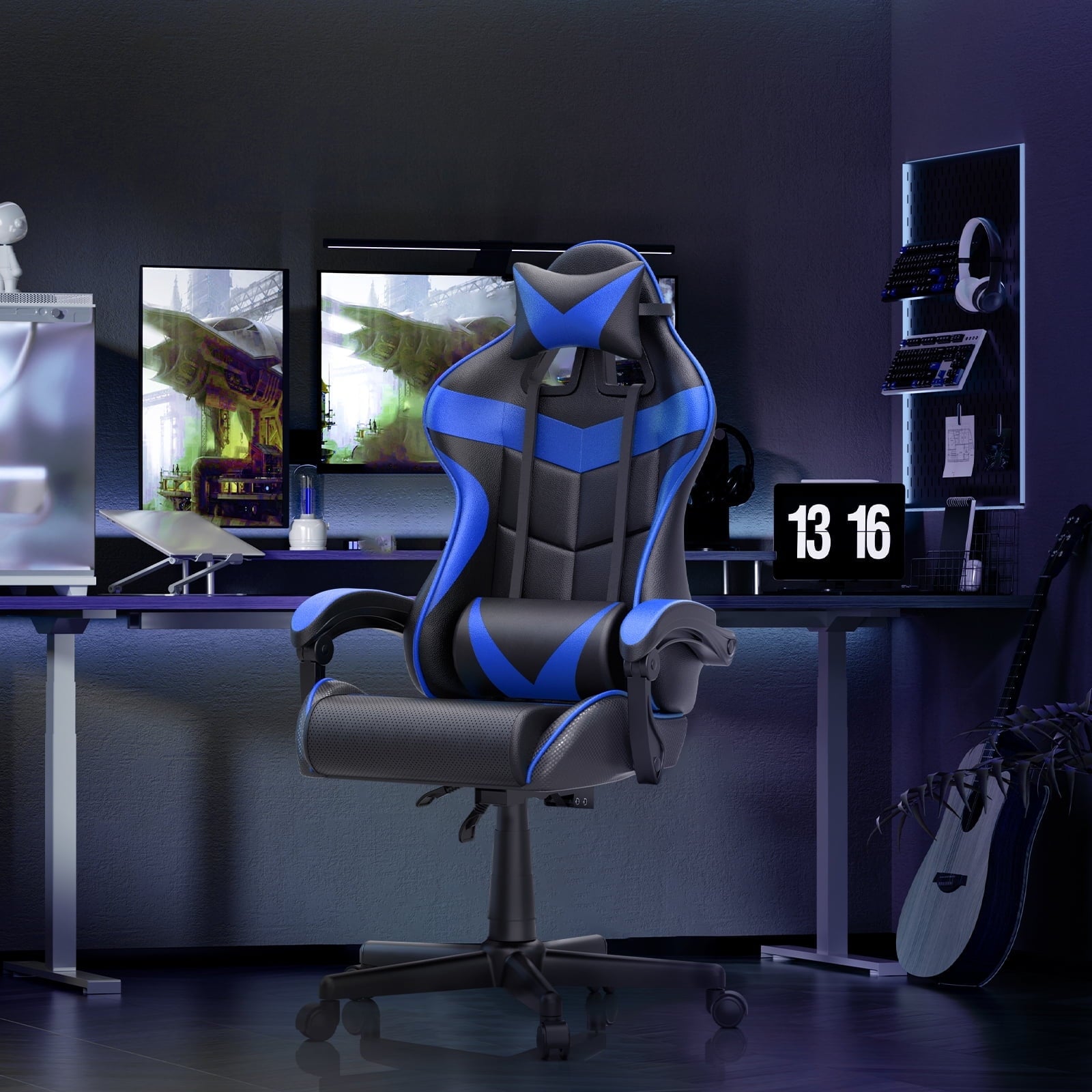 Soontrans Gaming Chair with Massage, High Back Computer Gamer Chair for Adults and s, Ergonomic Game Chair with Adjustable Headrest and Lumbar Support (Blue)