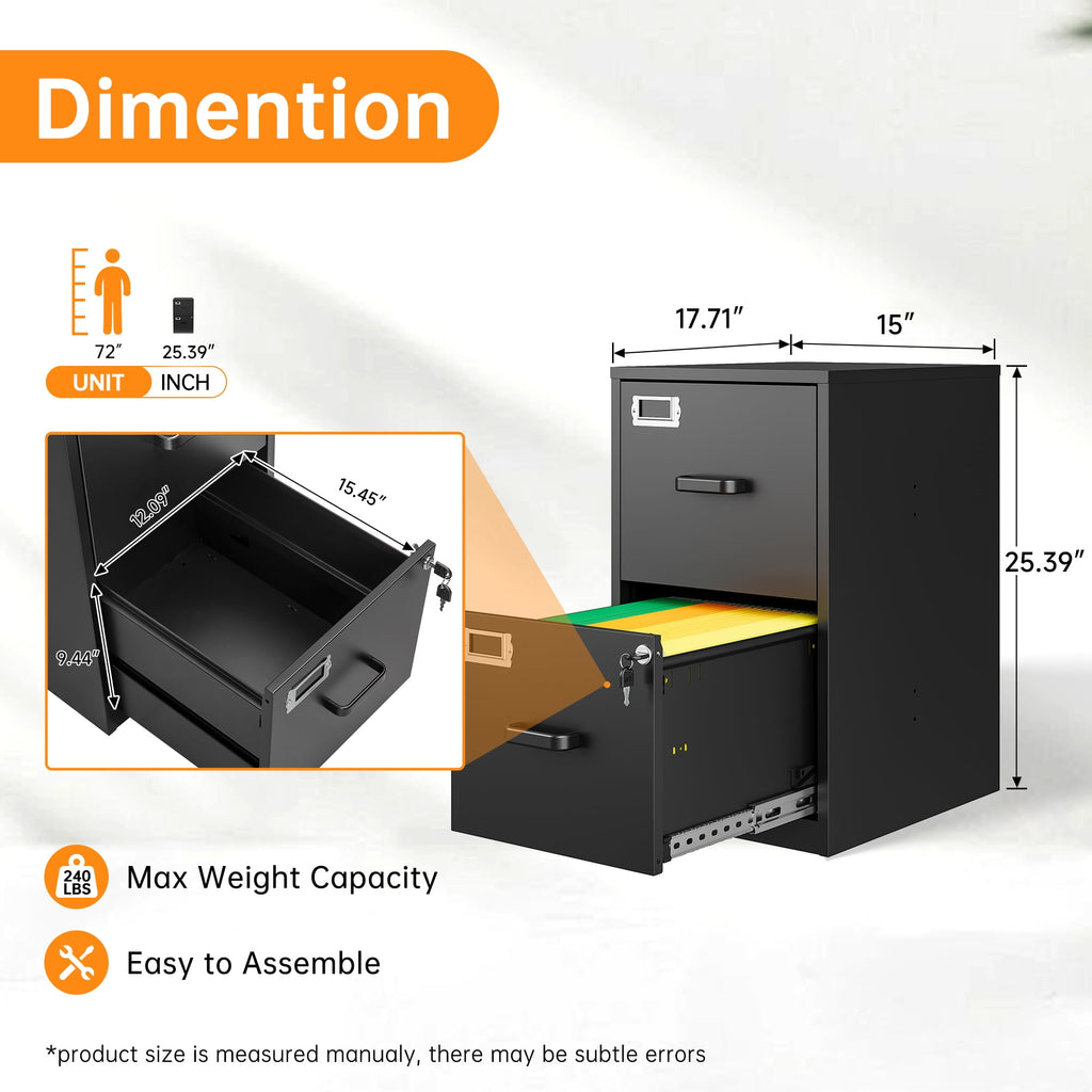 STANI 2 Drawer Filing Cabinet with Lock, Metal Vertical File Storage Cabinets for Home Office, Letter/A4 File Folders Storage, Assembly required (Black)