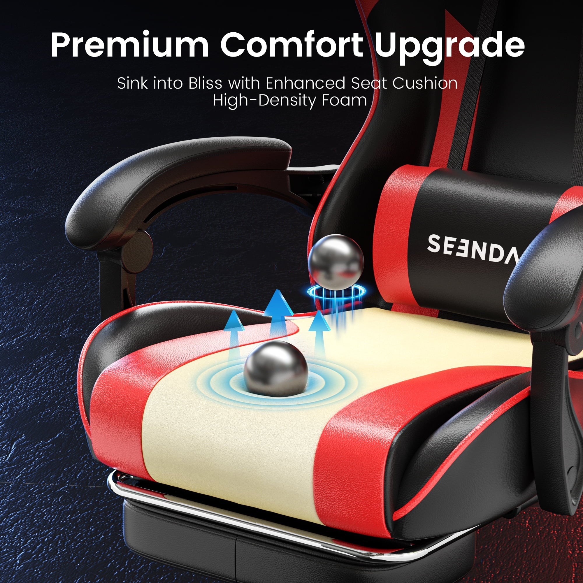 Gaming Chair, Seenda Computer Office Chair, High Back Ergonomic Home Office Desk Chair with Massage Lumbar Support Task Chair, Linkage Armrests and Footrest, Red