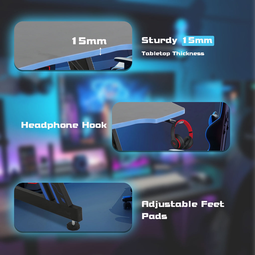 YRLLENSDAN Gaming Collection Z-Shaped Desk with Headphone Hook and Adjustable Feet, Blue